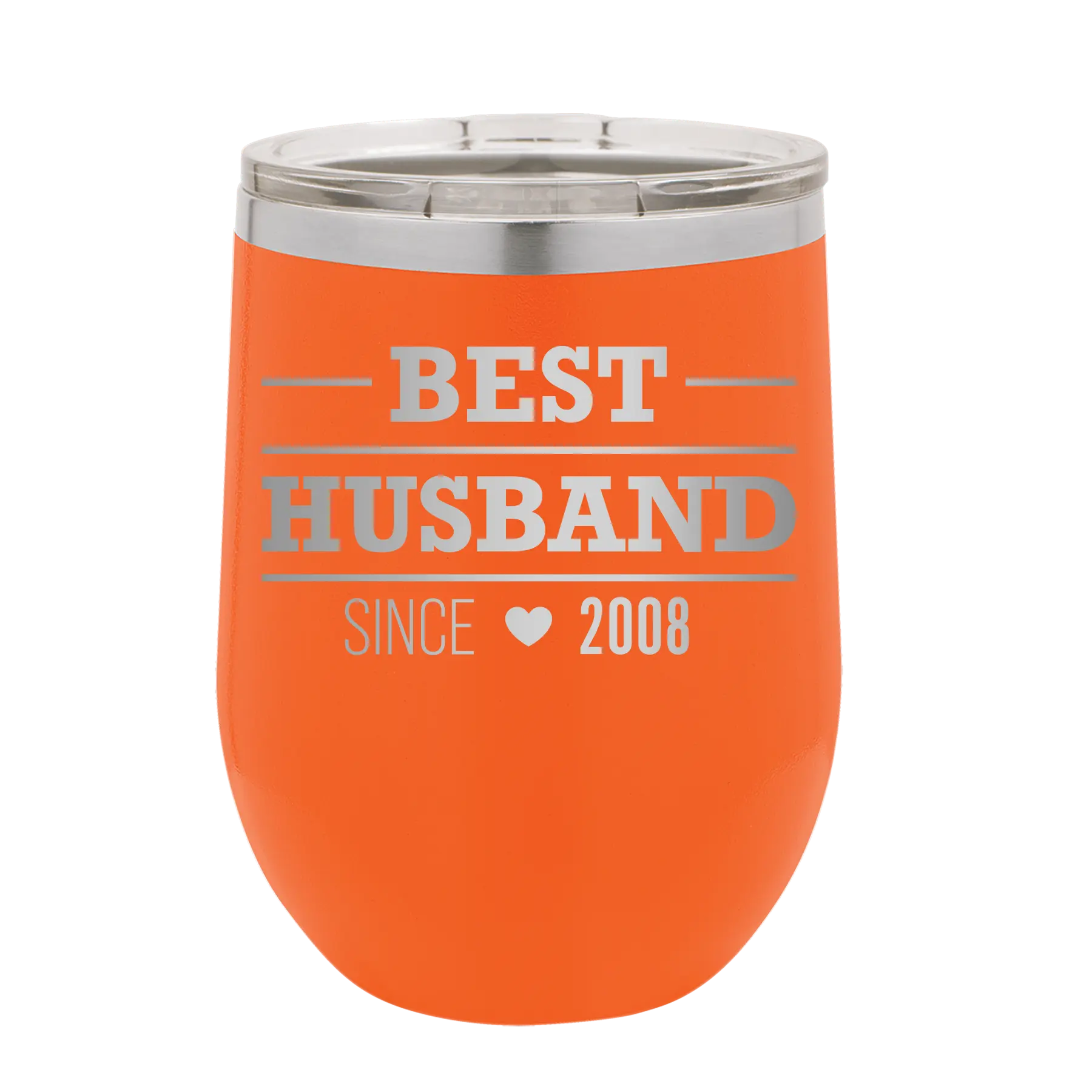 Personalized orange 12 oz vacuum insulated wine cup with 'Best Husband' design