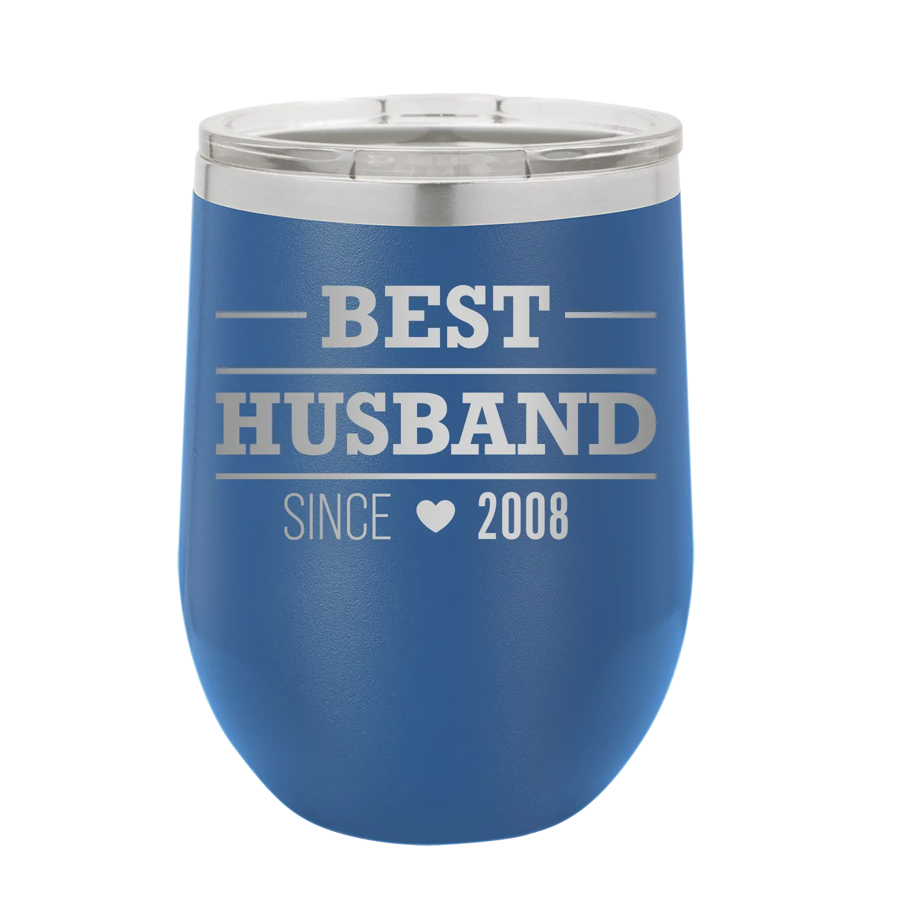 Personalized royal blue 12 oz vacuum insulated wine cup with 'Best Husband' design