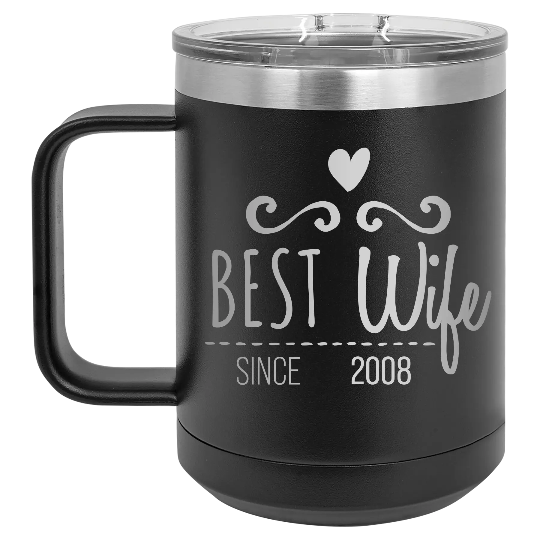 Personalized black 15 oz vacuum insulated coffee mug with 'Best Wife' design