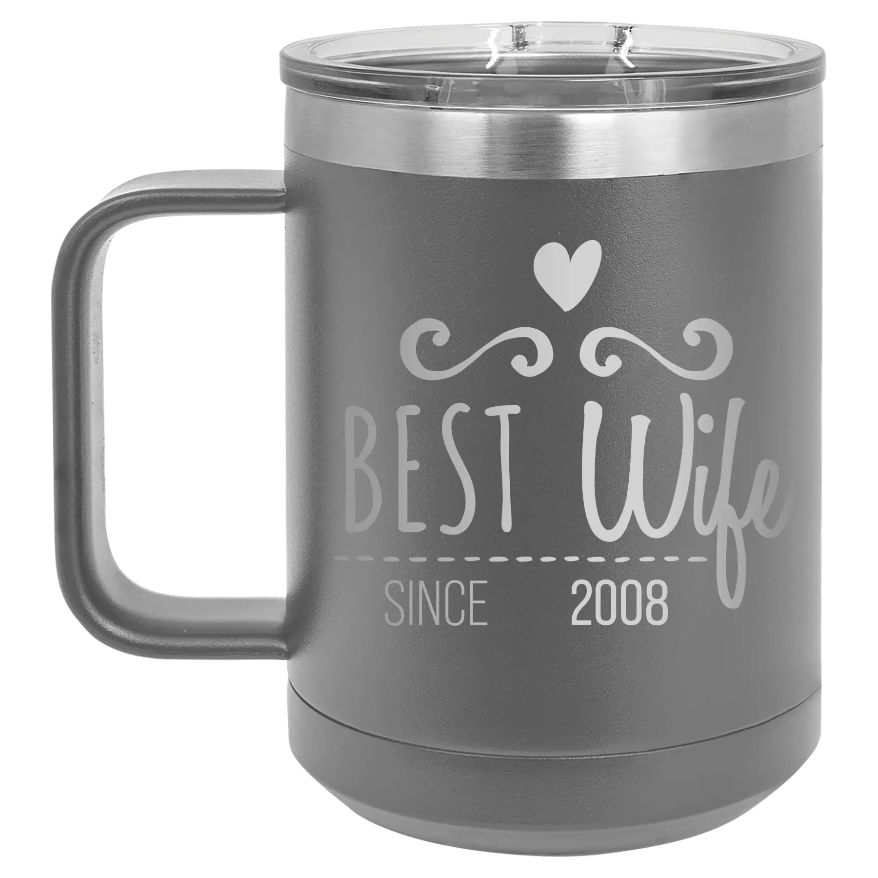 Personalized dark gray 15 oz vacuum insulated coffee mug with 'Best Wife' design