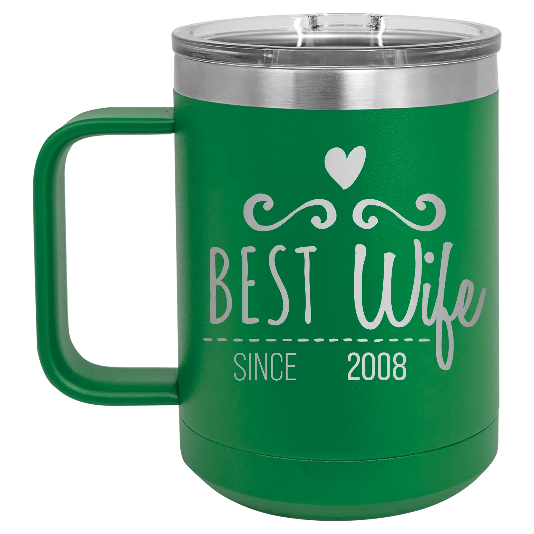 Personalized green 15 oz vacuum insulated coffee mug with 'Best Wife' design