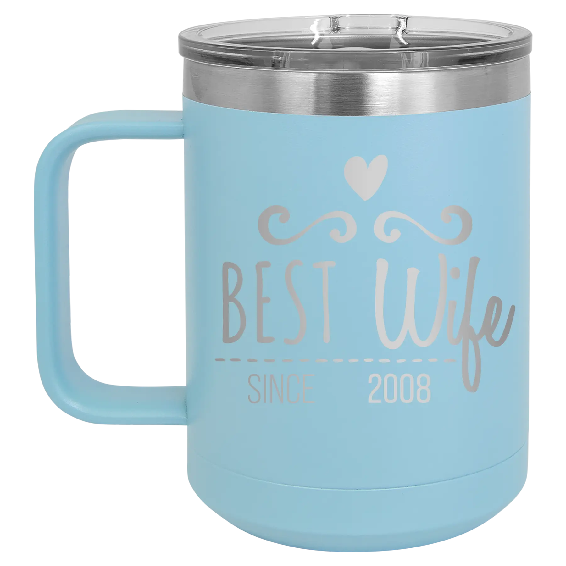 Personalized light blue 15 oz vacuum insulated coffee mug with 'Best Wife' design