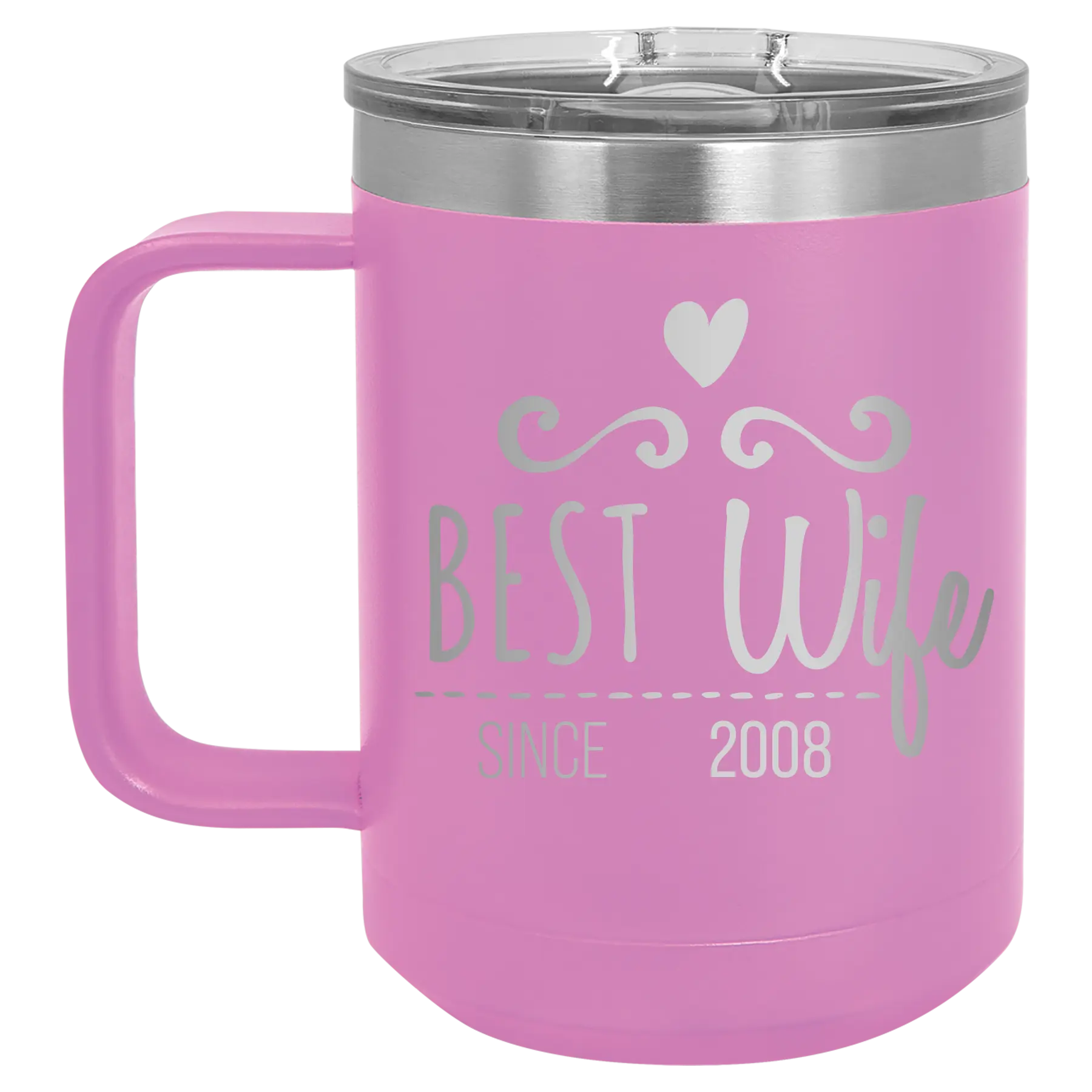 Personalized light purple 15 oz vacuum insulated coffee mug with 'Best Wife' design