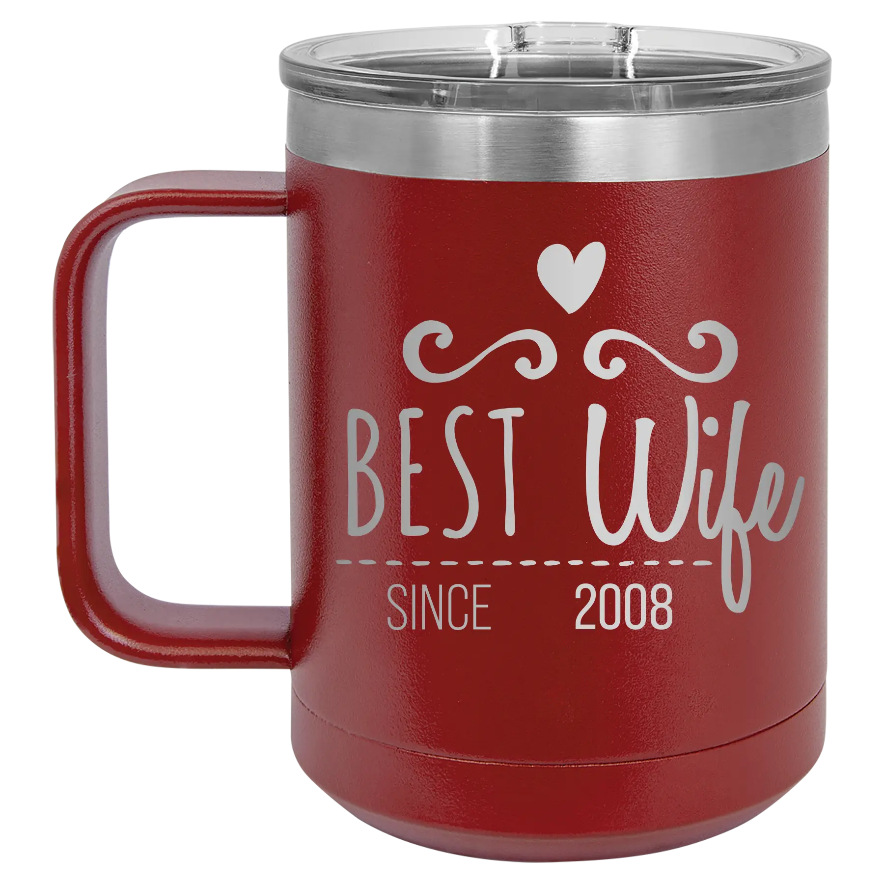 Personalized maroon 15 oz vacuum insulated coffee mug with 'Best Wife' design