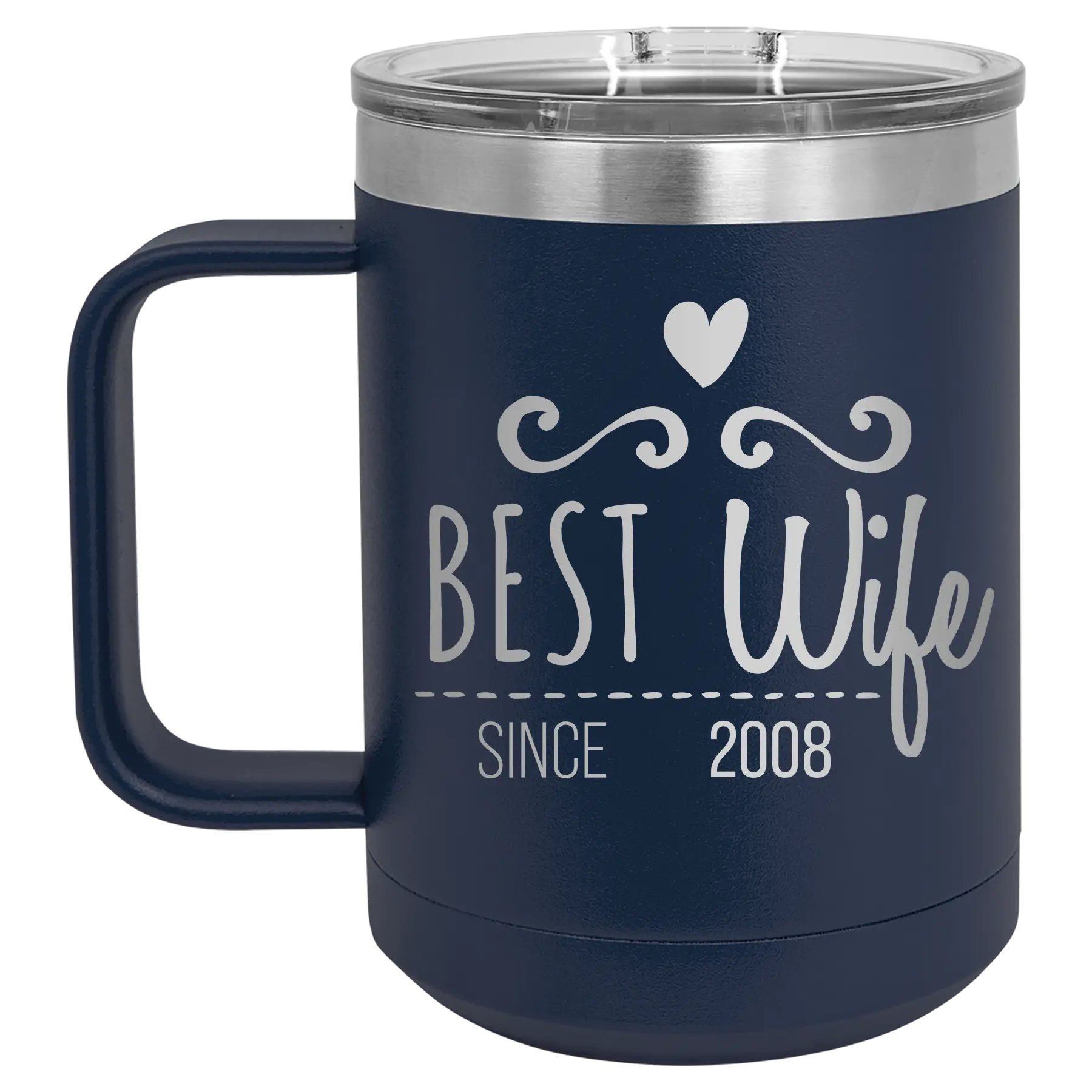 Personalized navy 15 oz vacuum insulated coffee mug with 'Best Wife' design