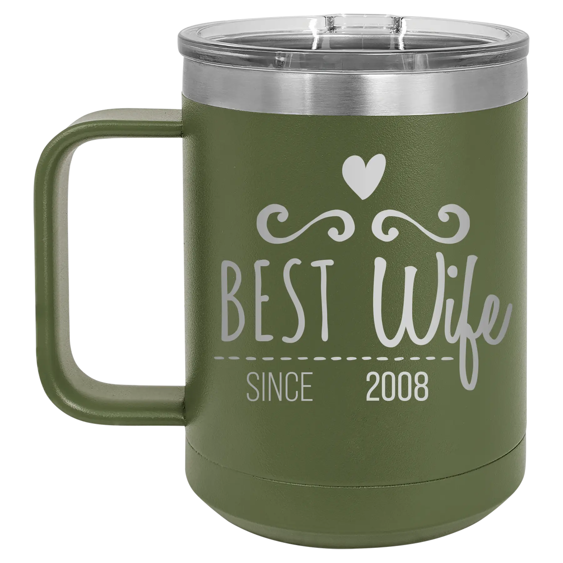 Personalized olive green 15 oz vacuum insulated coffee mug with 'Best Wife' design