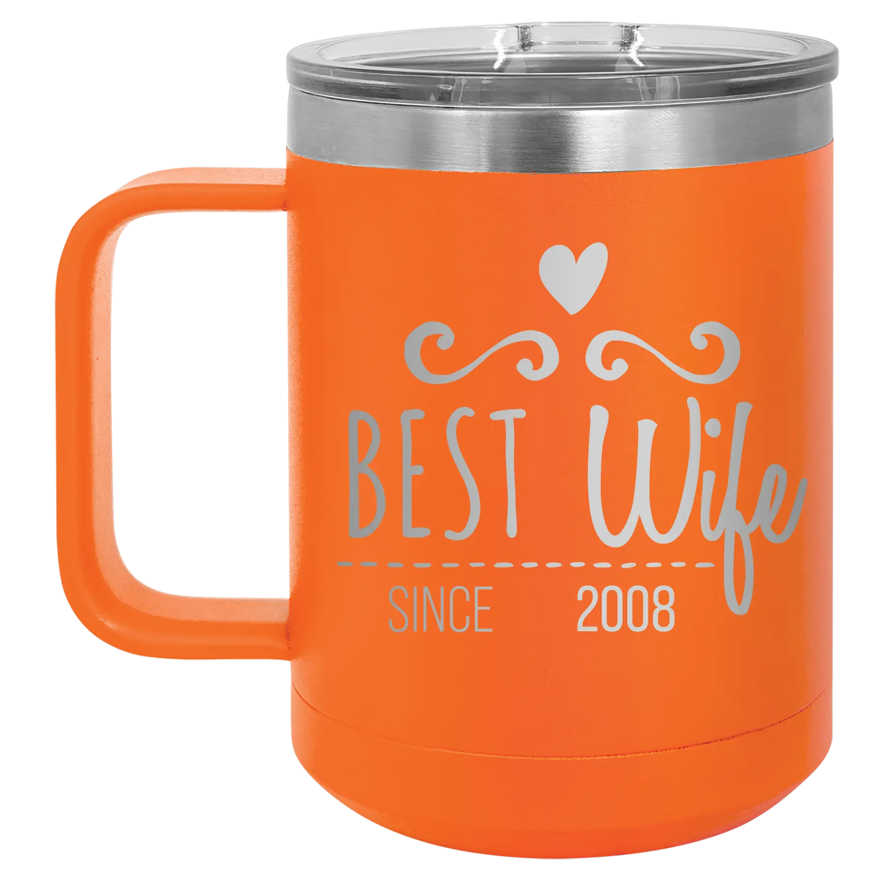 Personalized orange 15 oz vacuum insulated coffee mug with 'Best Wife' design