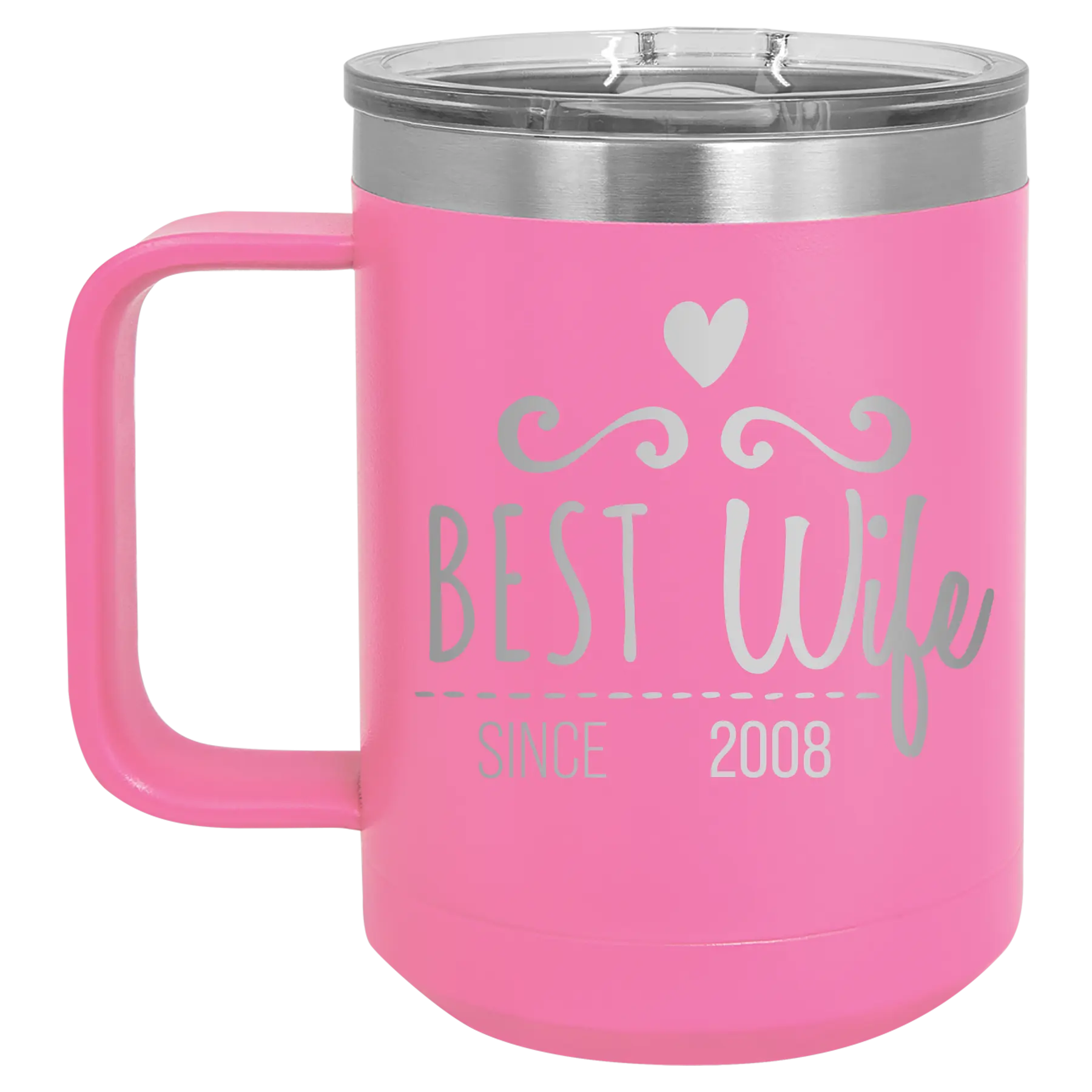 Personalized pink 15 oz vacuum insulated coffee mug with 'Best Wife' design