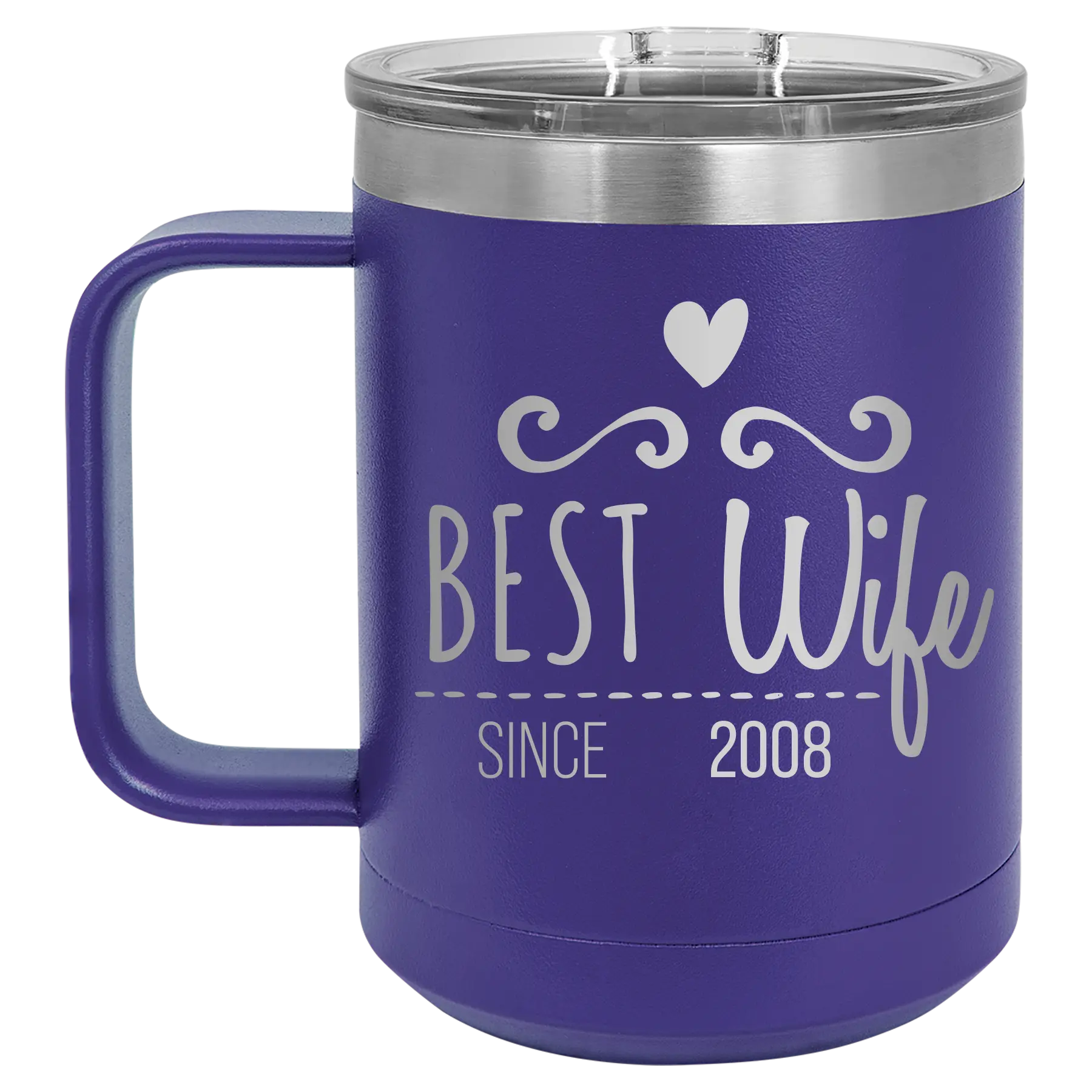 Personalized purple 15 oz vacuum insulated coffee mug with 'Best Wife' design