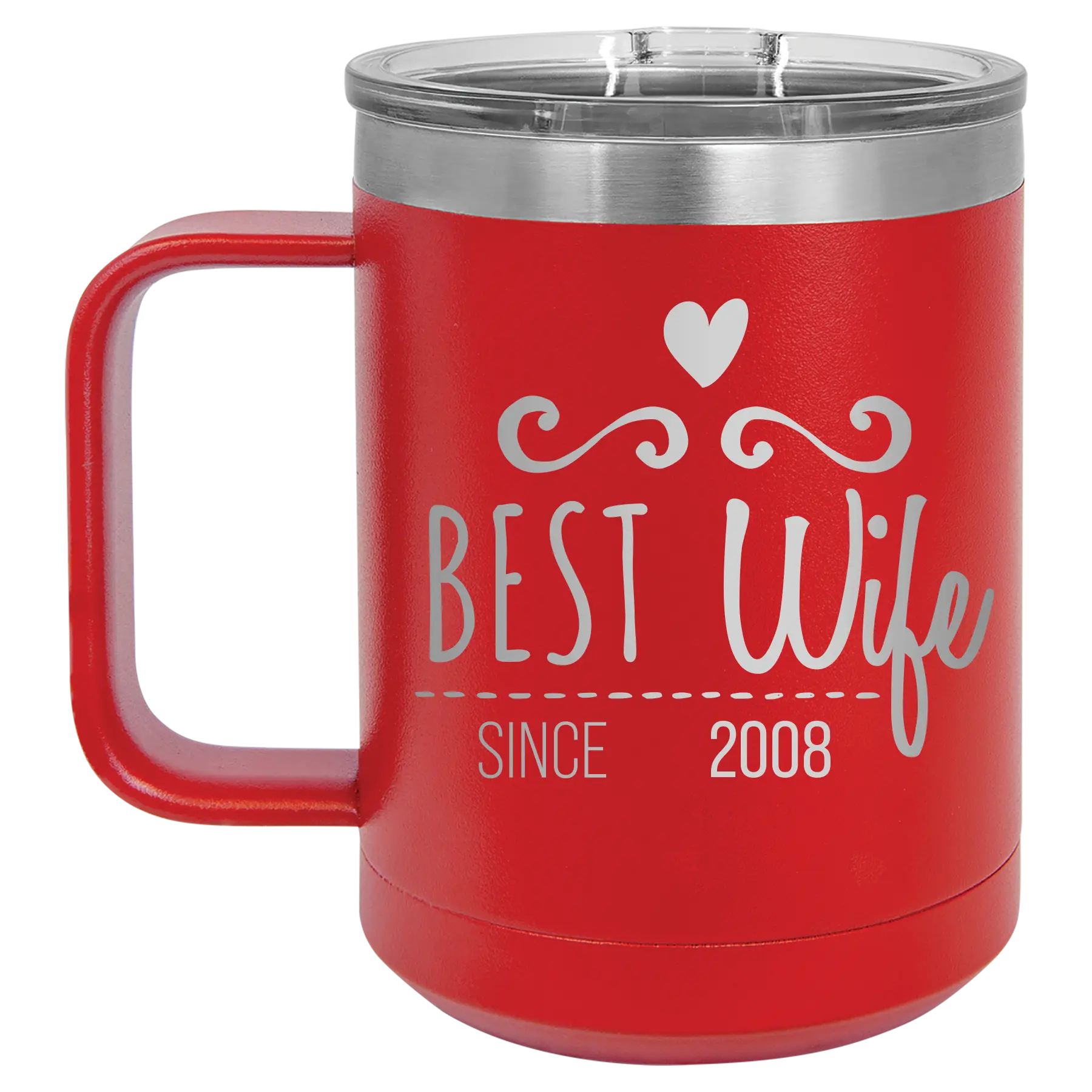 Personalized red 15 oz vacuum insulated coffee mug with 'Best Wife' design