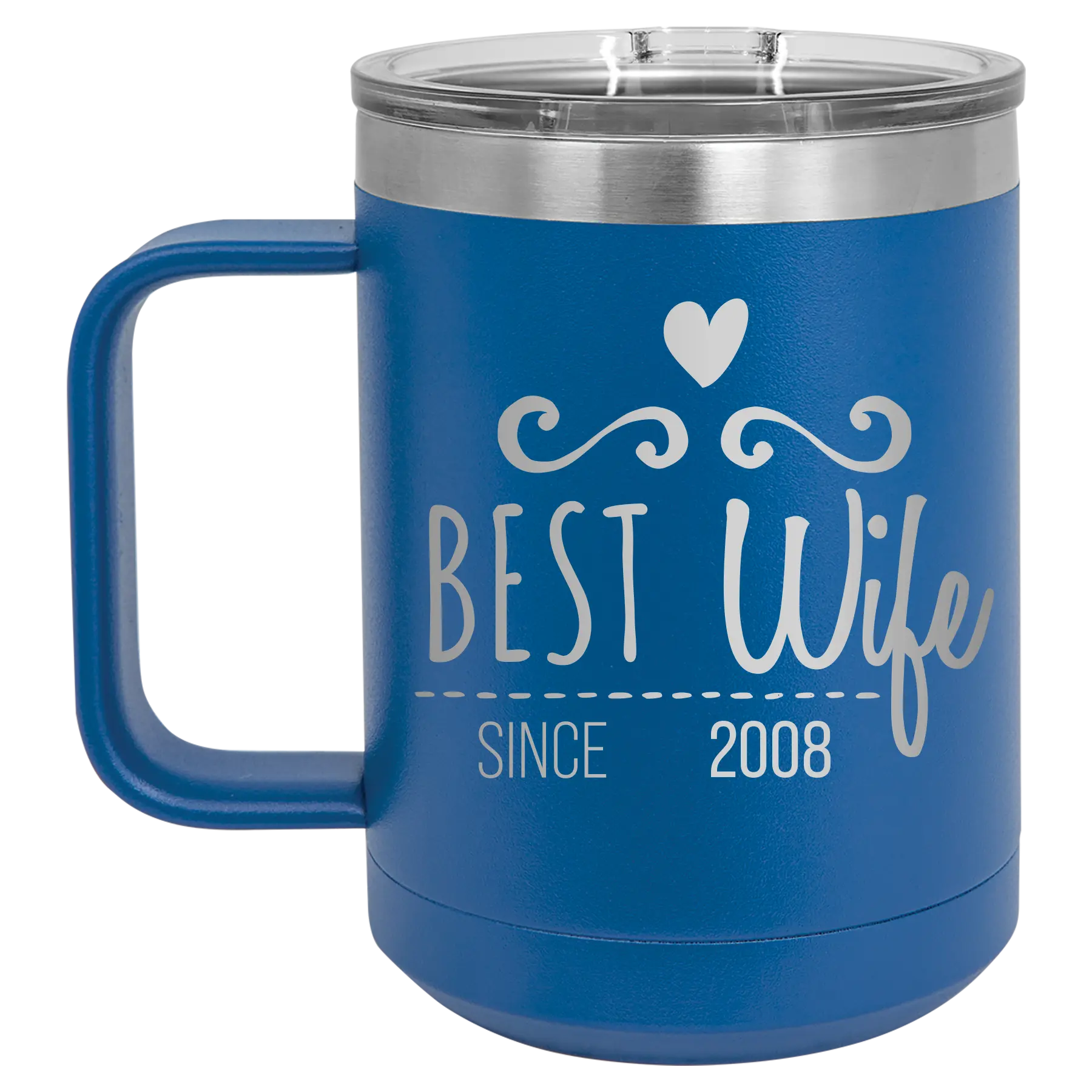 Personalized royal blue 15 oz vacuum insulated coffee mug with 'Best Wife' design