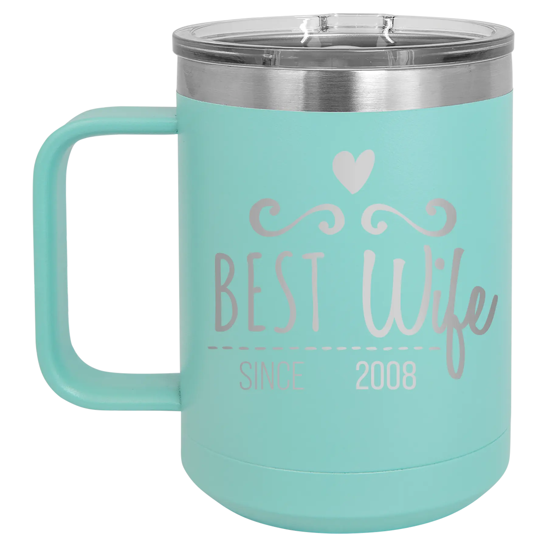 Personalized teal 15 oz vacuum insulated coffee mug with 'Best Wife' design