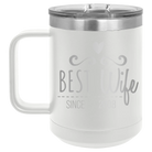 Personalized white 15 oz vacuum insulated coffee mug with 'Best Wife' design