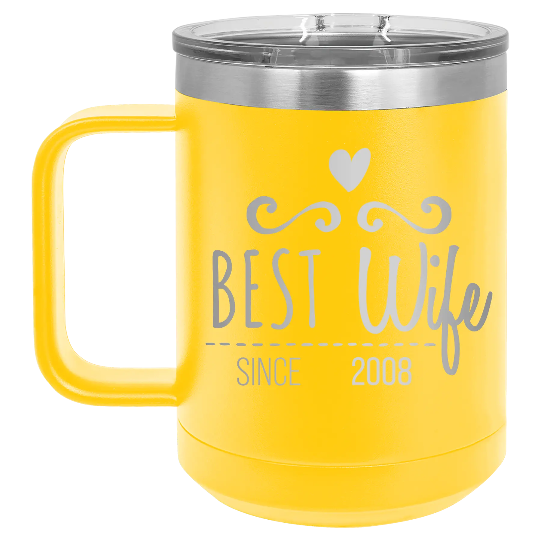 Personalized yellow 15 oz vacuum insulated coffee mug with 'Best Wife' design