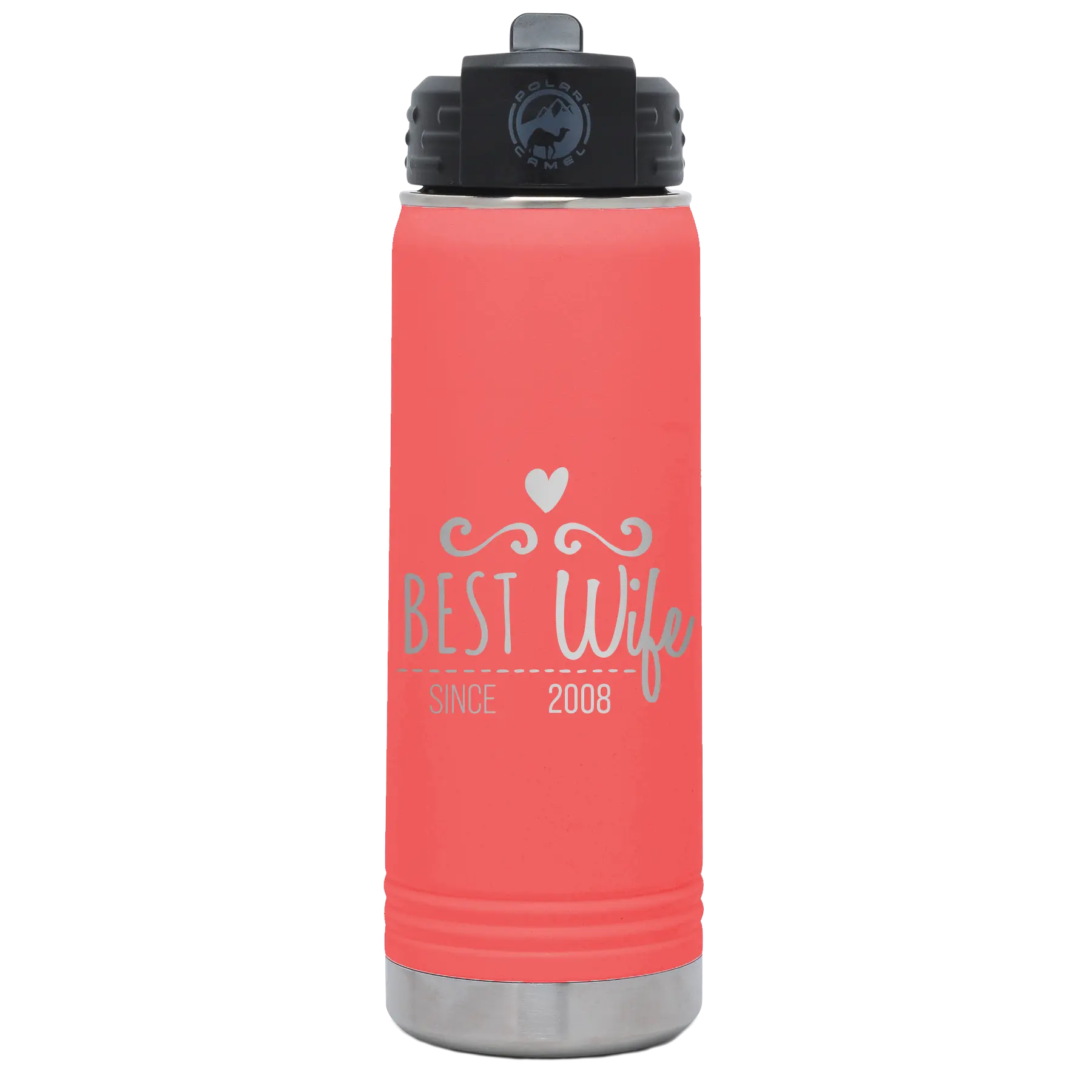 Personalized coral 20 oz vacuum insulated water bottle with 'Best Wife' design