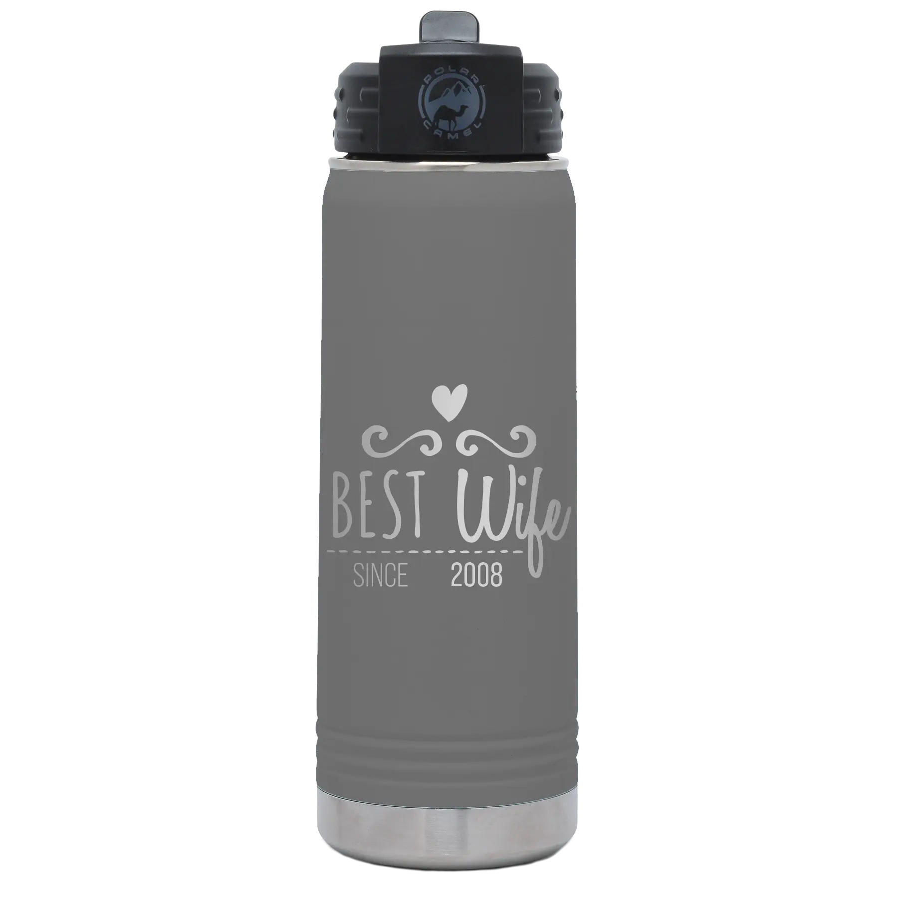 Personalized dark gray 20 oz vacuum insulated water bottle with 'Best Wife' design