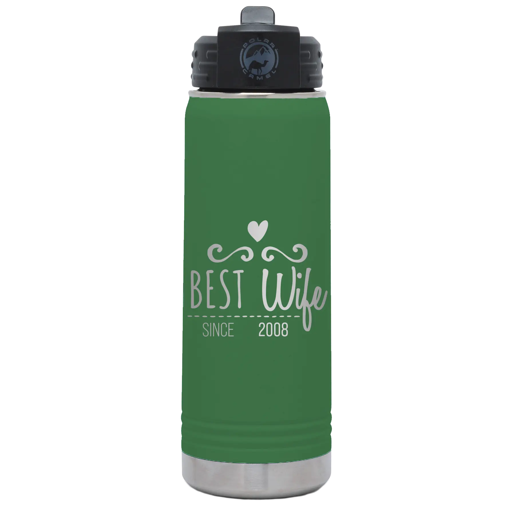 Personalized green 20 oz vacuum insulated water bottle with 'Best Wife' design