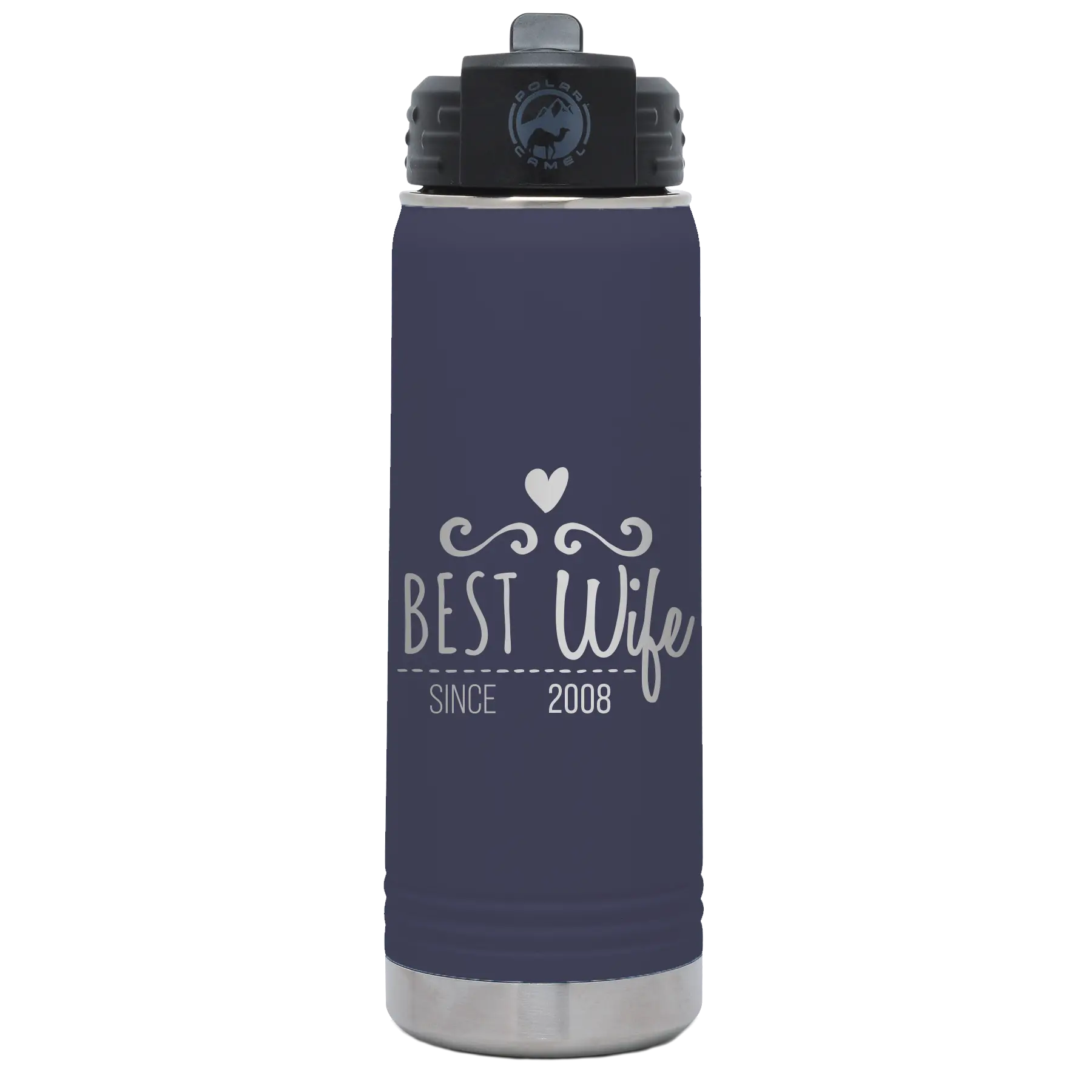 Personalized navy 20 oz vacuum insulated water bottle with 'Best Wife' design