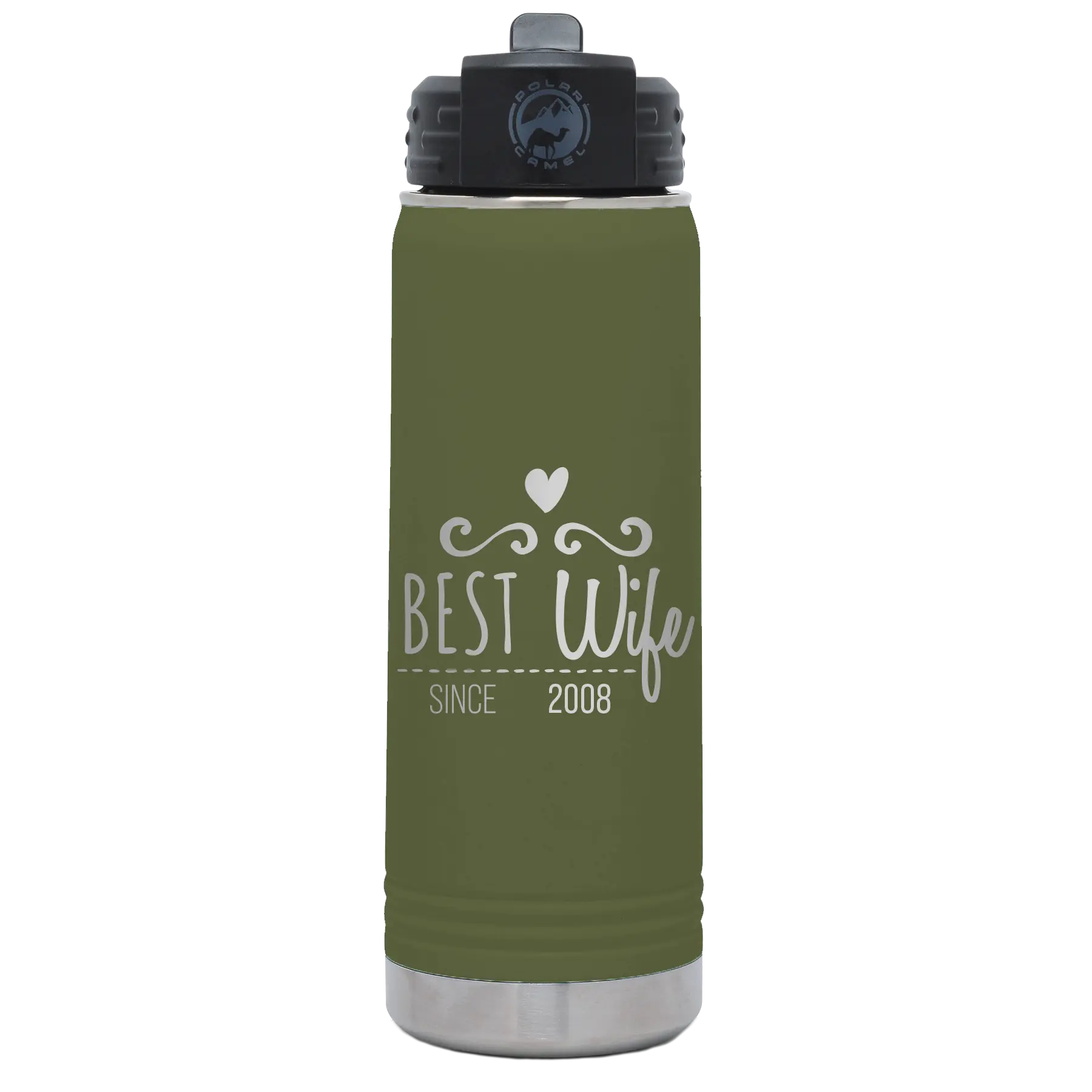 Personalized olive green 20 oz vacuum insulated water bottle with 'Best Wife' design