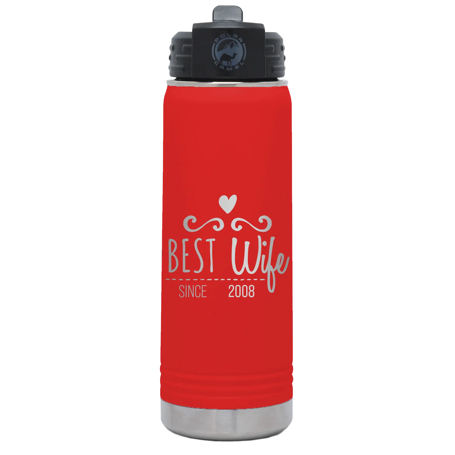 Personalized red 20 oz vacuum insulated water bottle with 'Best Wife' design