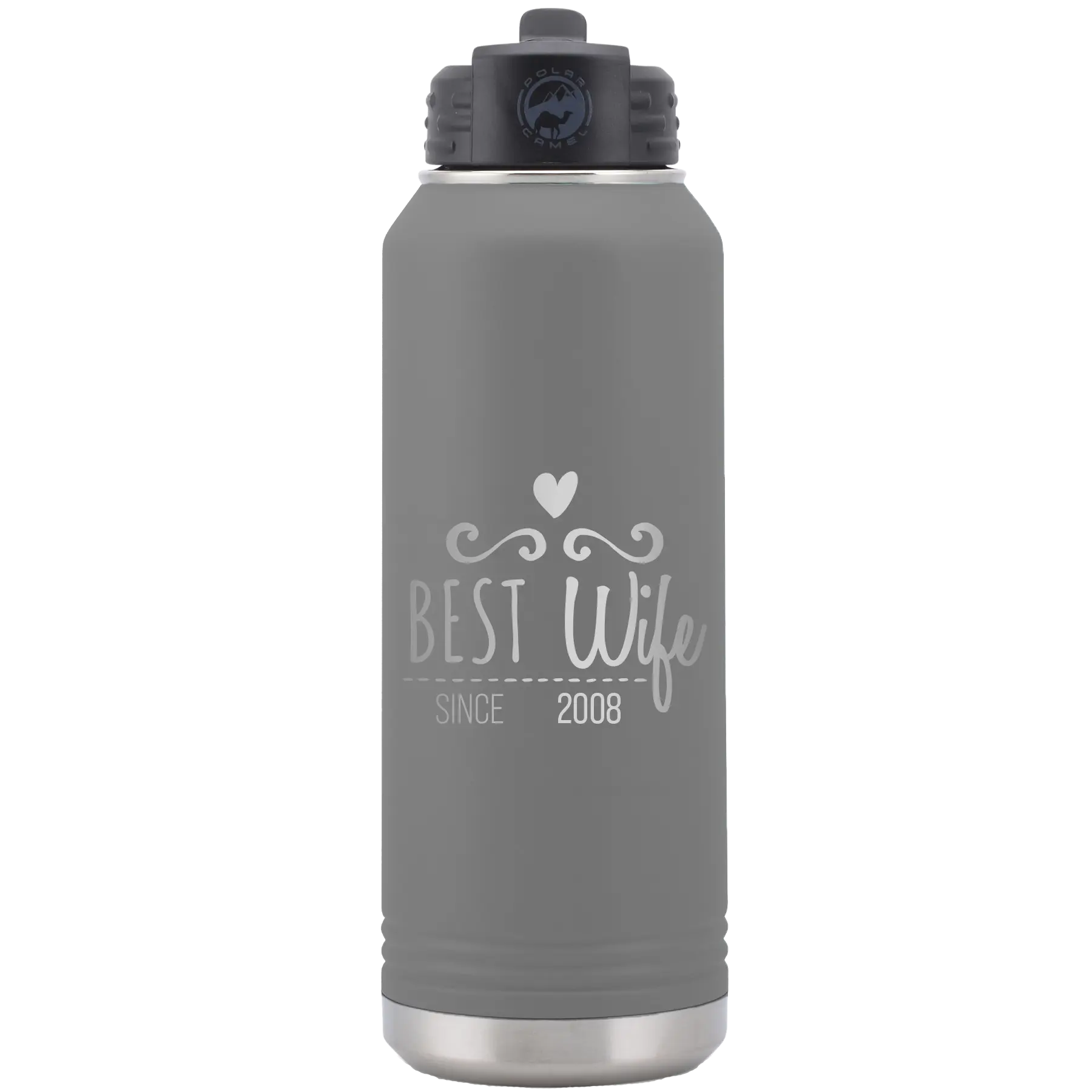 Personalized dark gray 32 oz vacuum insulated water bottle with 'Best Wife' design
