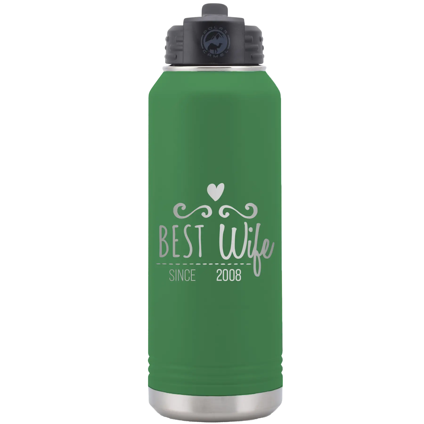 Personalized green 32 oz vacuum insulated water bottle with 'Best Wife' design