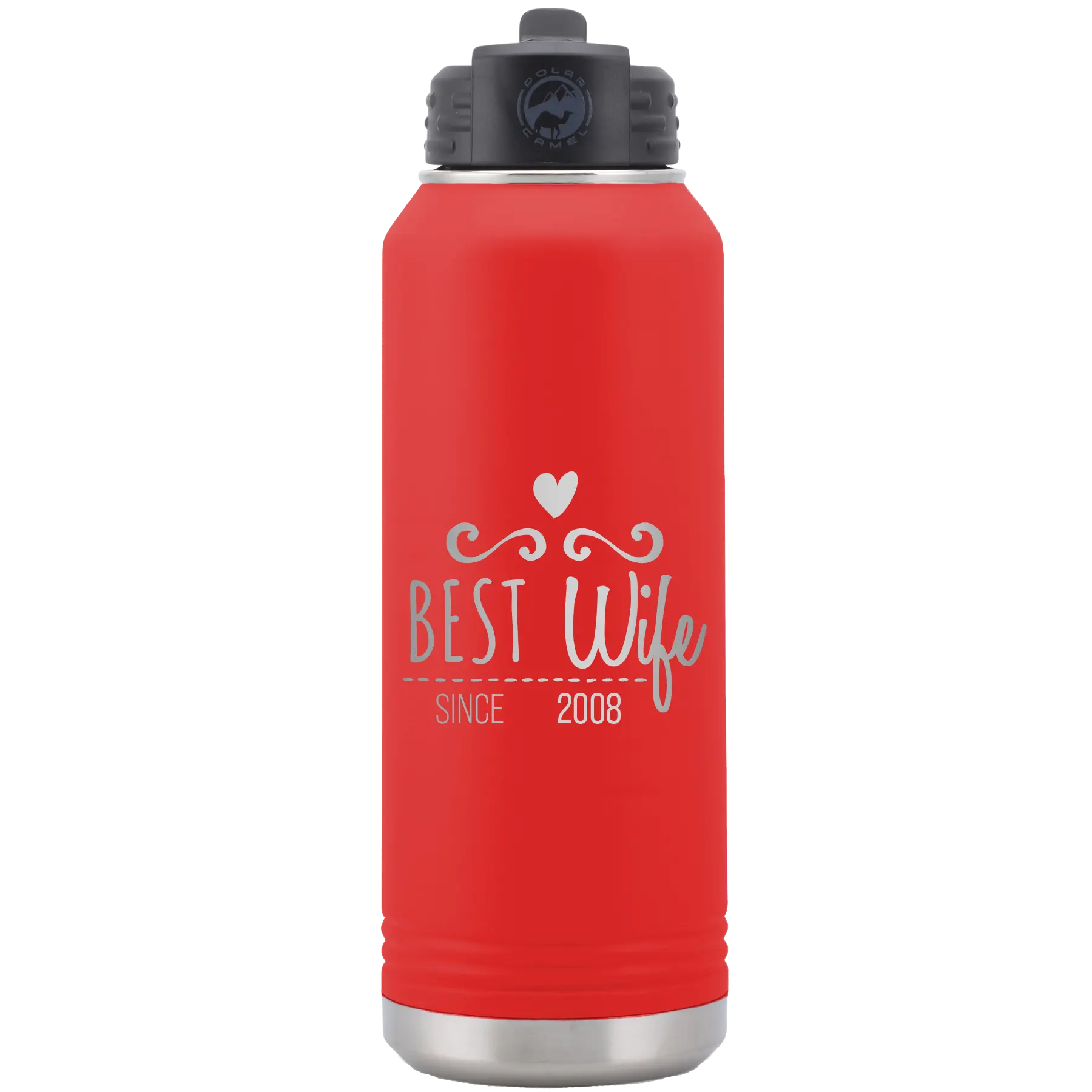 Personalized red 32 oz vacuum insulated water bottle with 'Best Wife' design