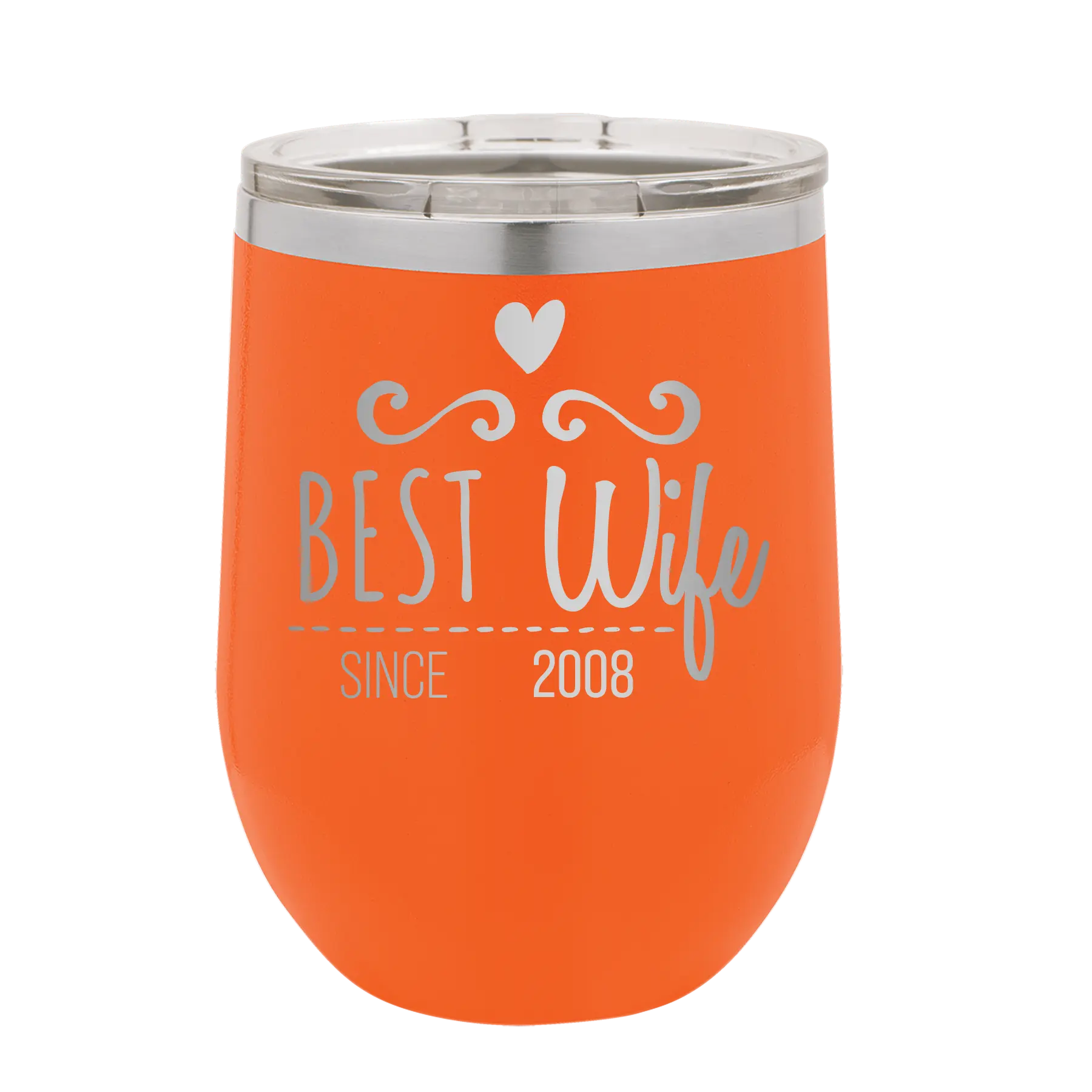 Personalized orange 12 oz vacuum insulated wine cup with 'Best Wife' design