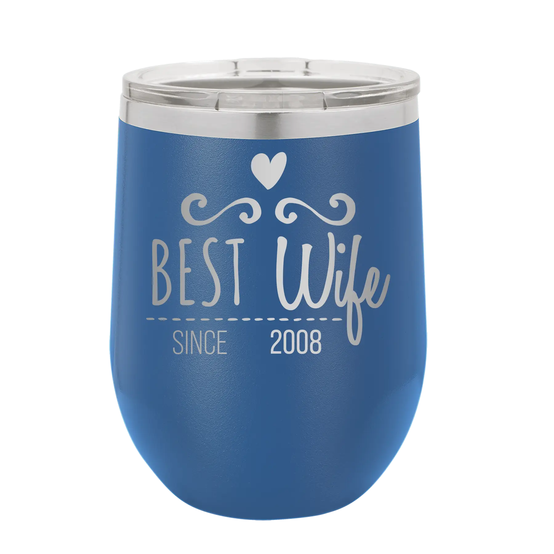 Personalized royal blue 12 oz vacuum insulated wine cup with 'Best Wife' design