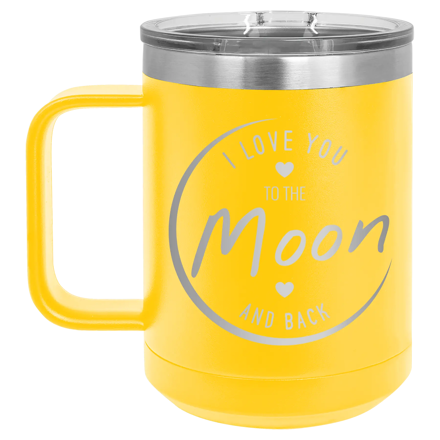 Laser etched yellow 15 oz vacuum insulated coffee mug with 'Love You to the Moon and Back' design