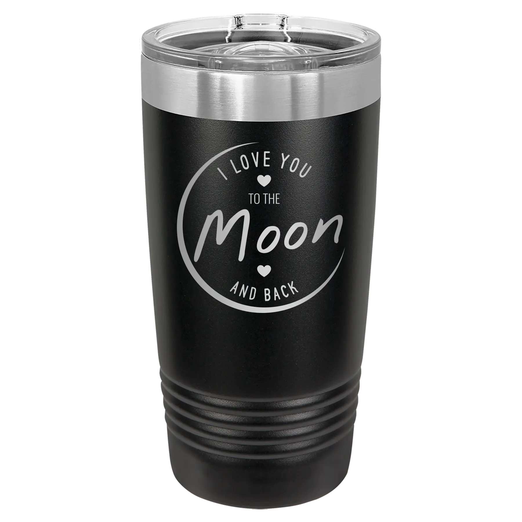 Laser etched black 20 oz vacuum insulated tumbler with 'Love You to the Moon and Back' design