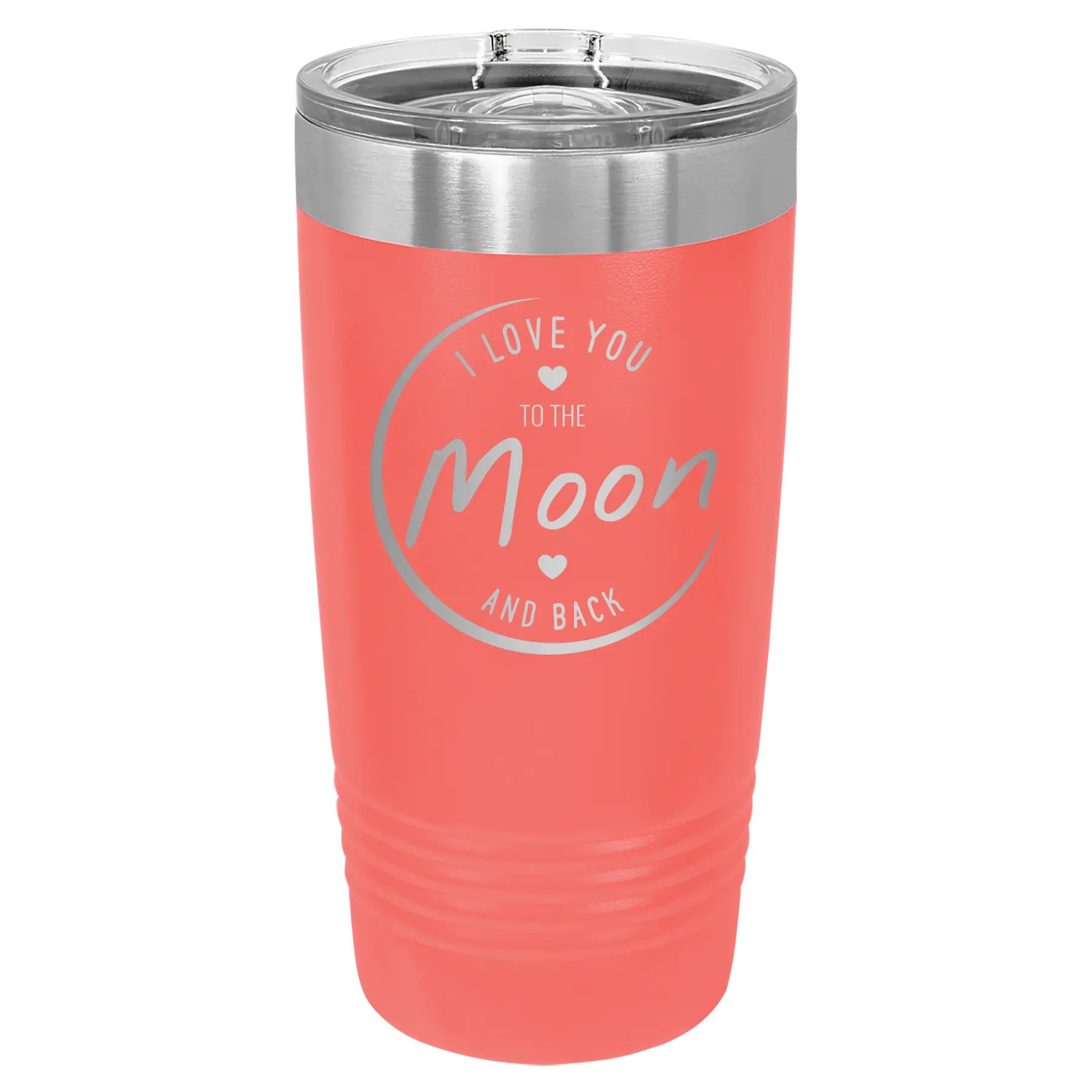 Laser etched coral 20 oz vacuum insulated tumbler with 'Love You to the Moon and Back' design
