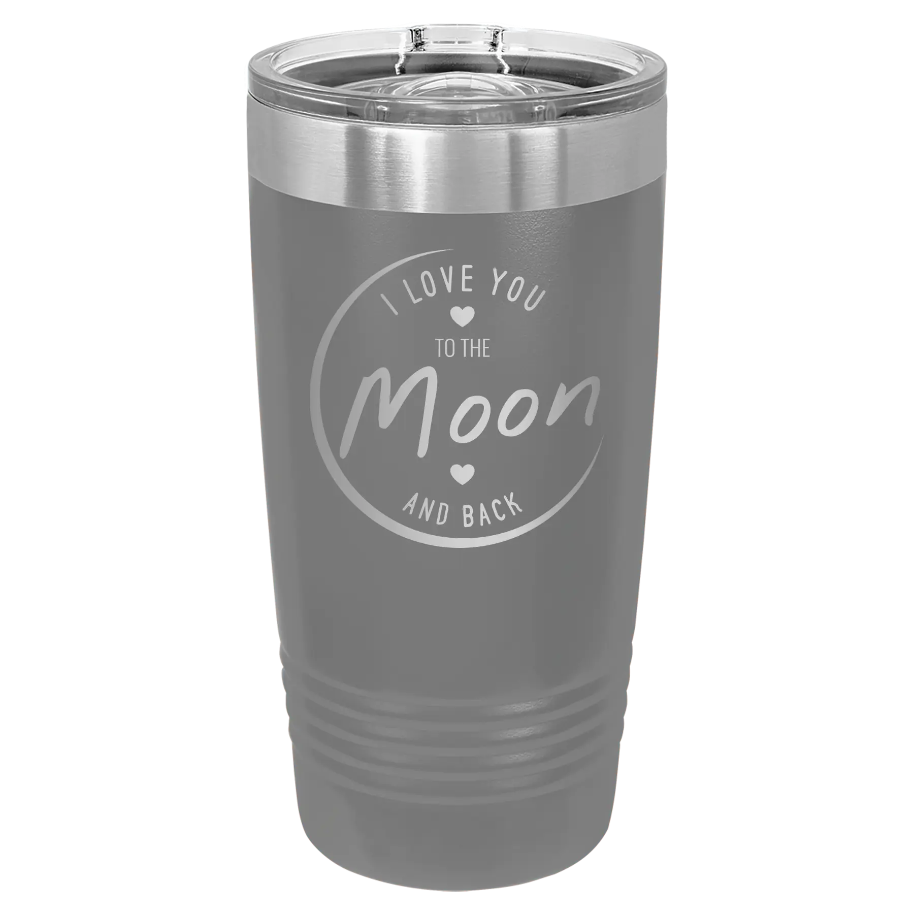 Laser etched dark gray 20 oz vacuum insulated tumbler with 'Love You to the Moon and Back' design