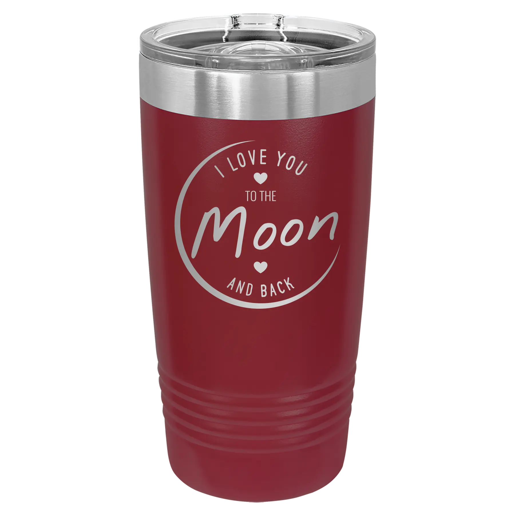 Laser etched maroon 20 oz vacuum insulated tumbler with 'Love You to the Moon and Back' design