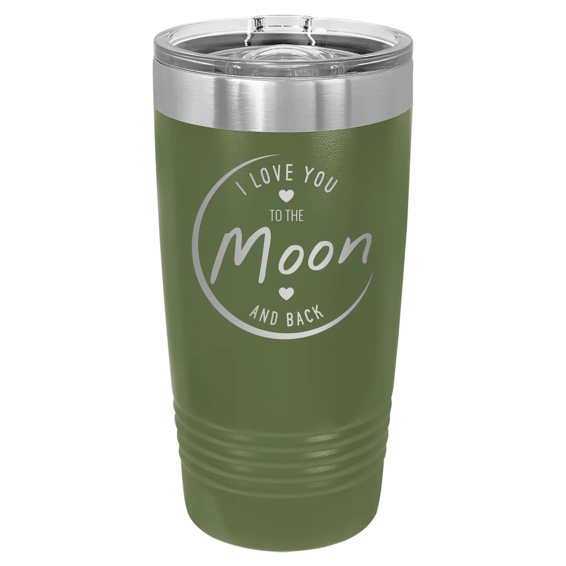 Laser etched olive green 20 oz vacuum insulated tumbler with 'Love You to the Moon and Back' design