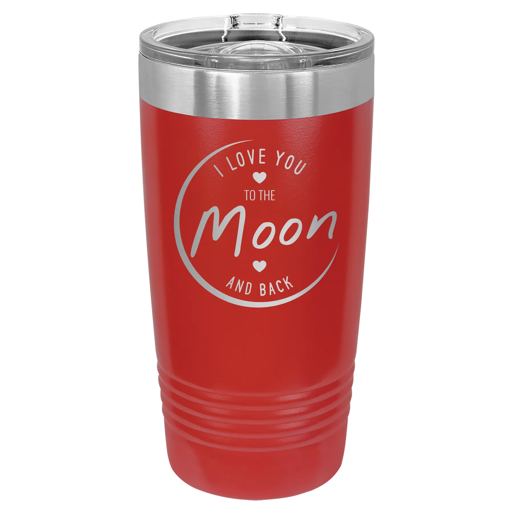 Laser etched red 20 oz vacuum insulated tumbler with 'Love You to the Moon and Back' design