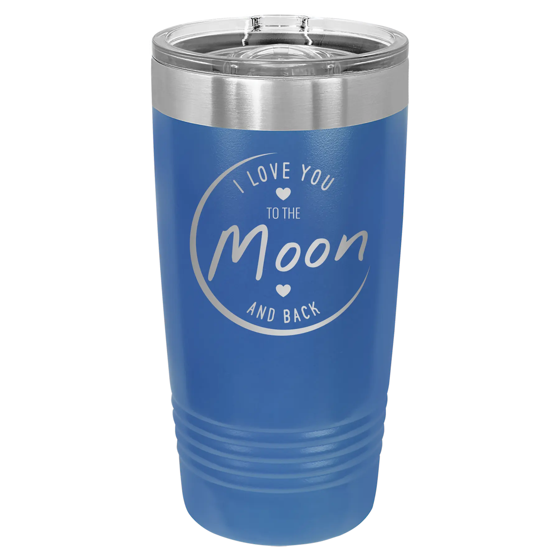 Laser etched royal blue 20 oz vacuum insulated tumbler with 'Love You to the Moon and Back' design