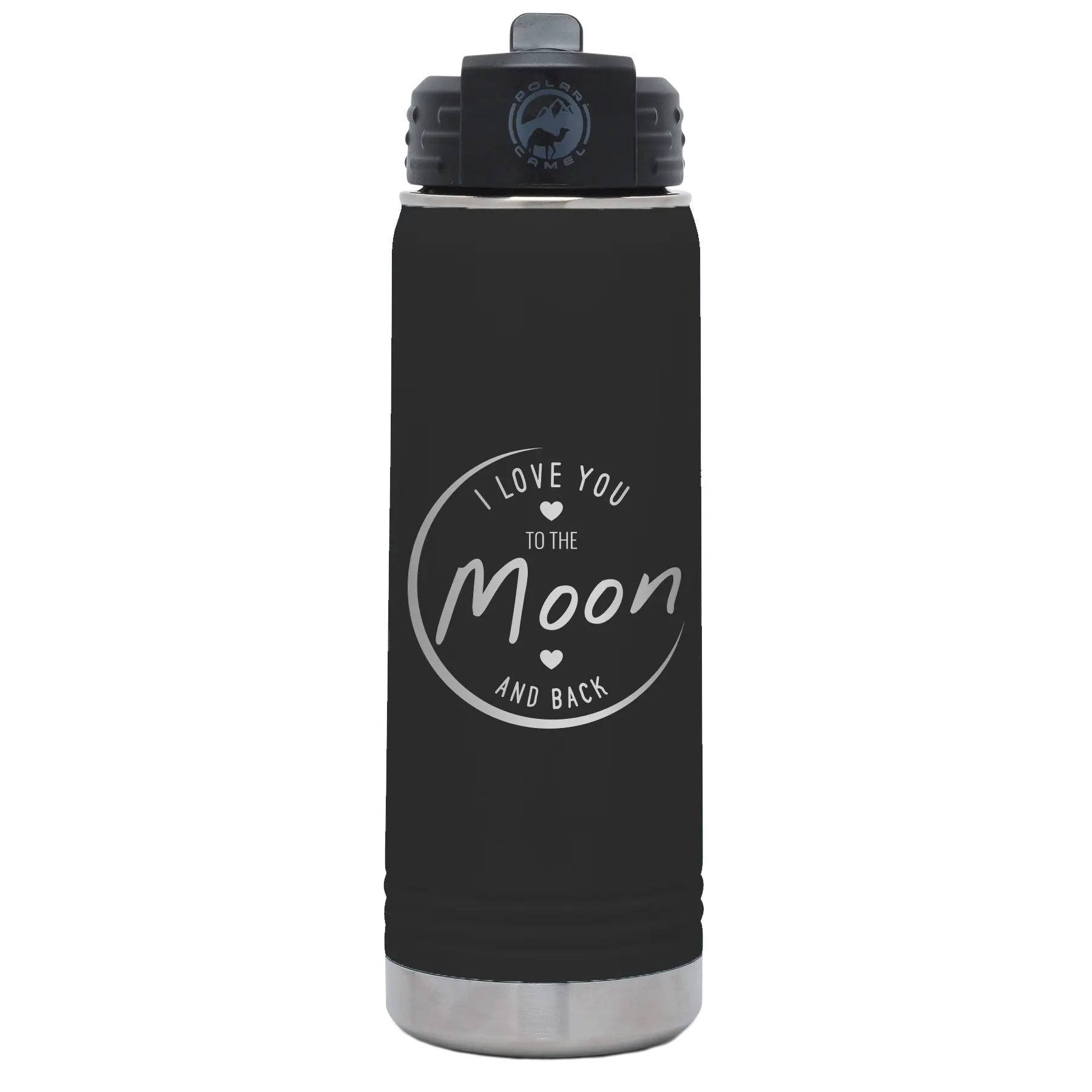 Laser etched black 20 oz vacuum insulated water bottle with 'Love You to the Moon and Back' design