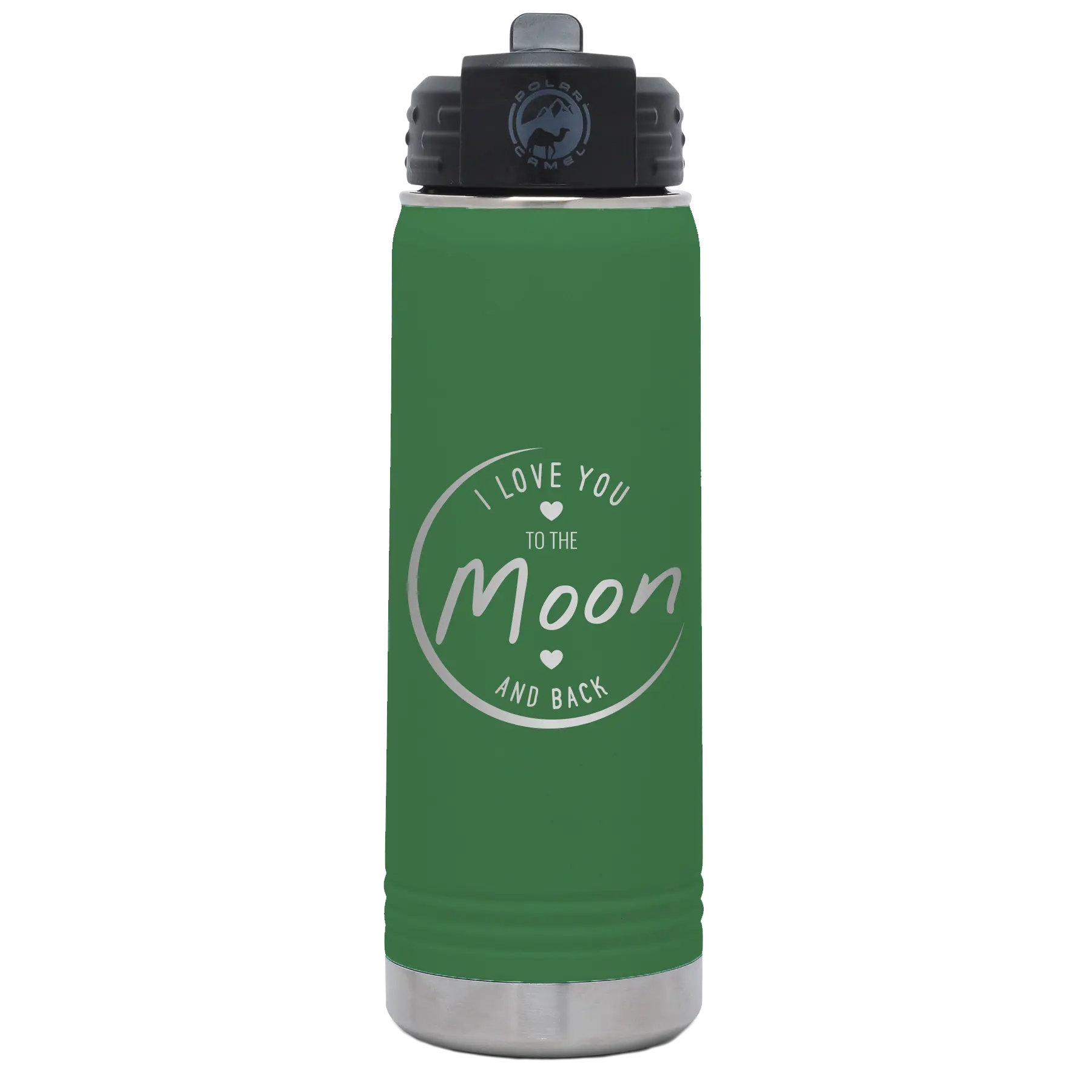 Laser etched green 20 oz vacuum insulated water bottle with 'Love You to the Moon and Back' design