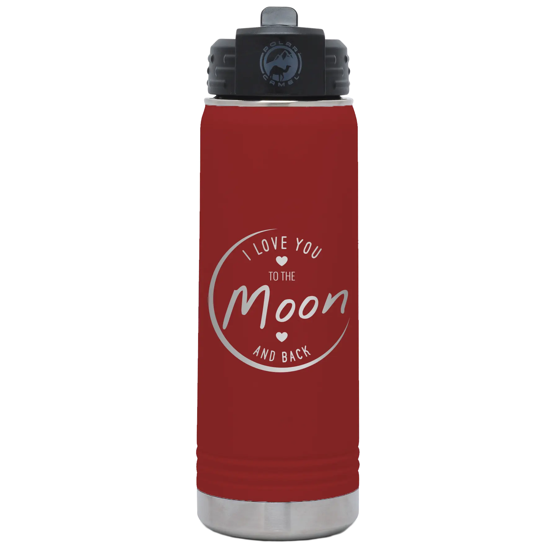 Laser etched maroon 20 oz vacuum insulated water bottle with 'Love You to the Moon and Back' design