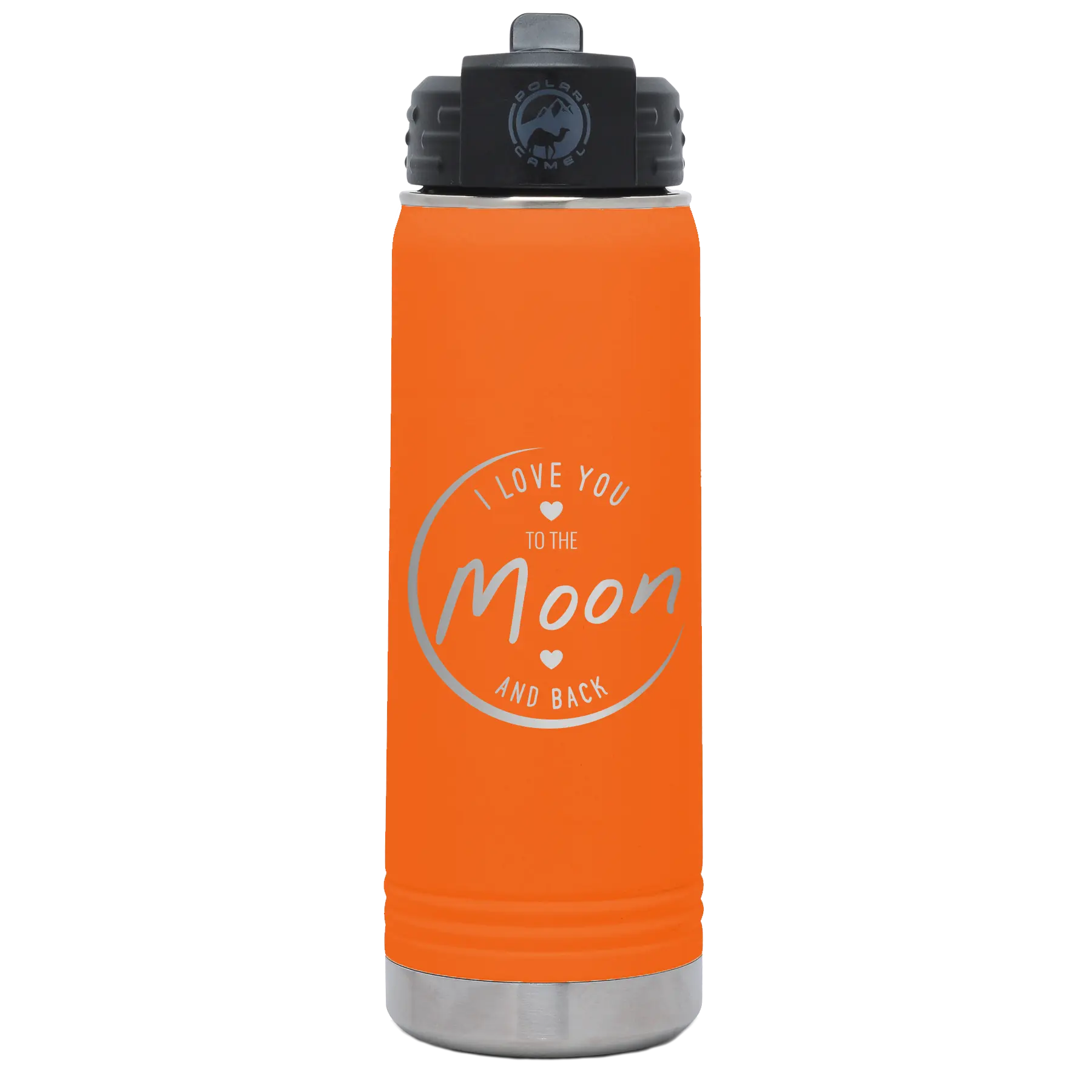 Laser etched orange 20 oz vacuum insulated water bottle with 'Love You to the Moon and Back' design