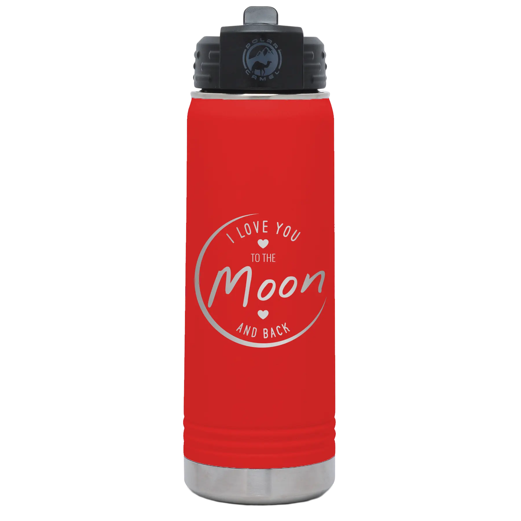 Laser etched red 20 oz vacuum insulated water bottle with 'Love You to the Moon and Back' design