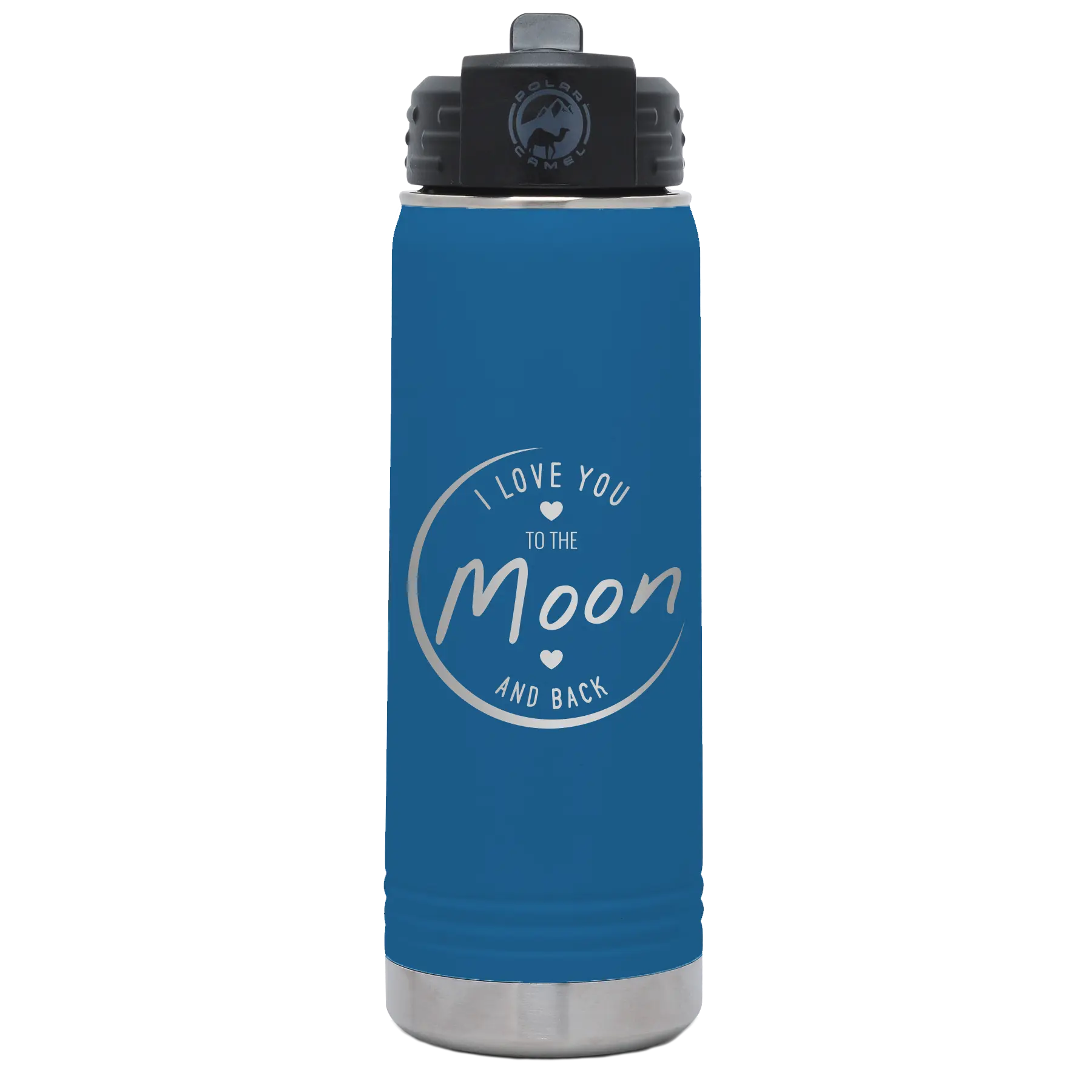 Laser etched royal blue 20 oz vacuum insulated water bottle with 'Love You to the Moon and Back' design