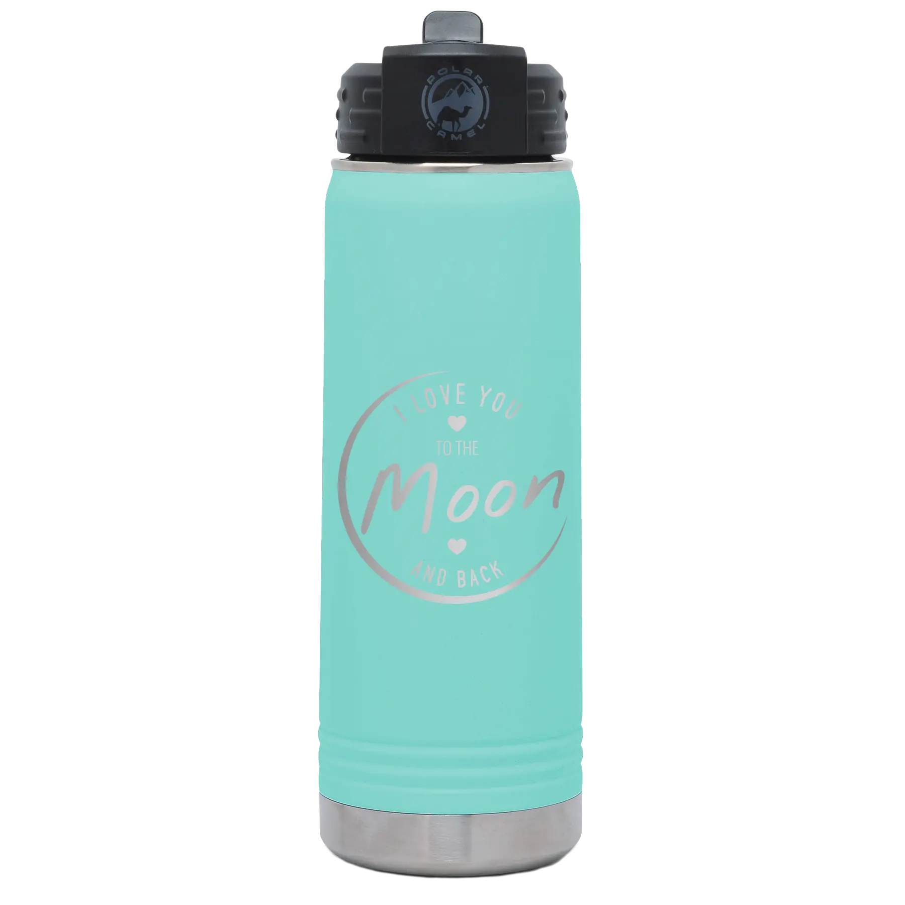 Laser etched teal 20 oz vacuum insulated water bottle with 'Love You to the Moon and Back' design