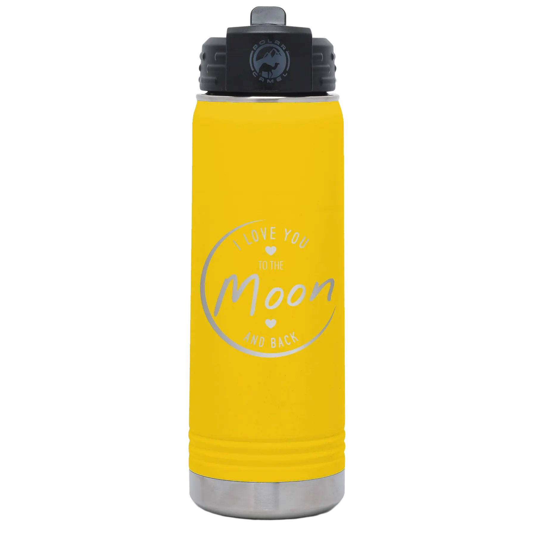 Laser etched yellow 20 oz vacuum insulated water bottle with 'Love You to the Moon and Back' design