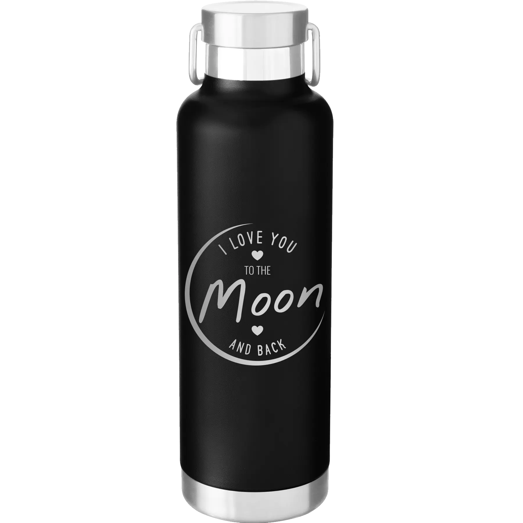 Laser etched black 24 oz vacuum insulated water bottle with 'Love You to the Moon and Back' design