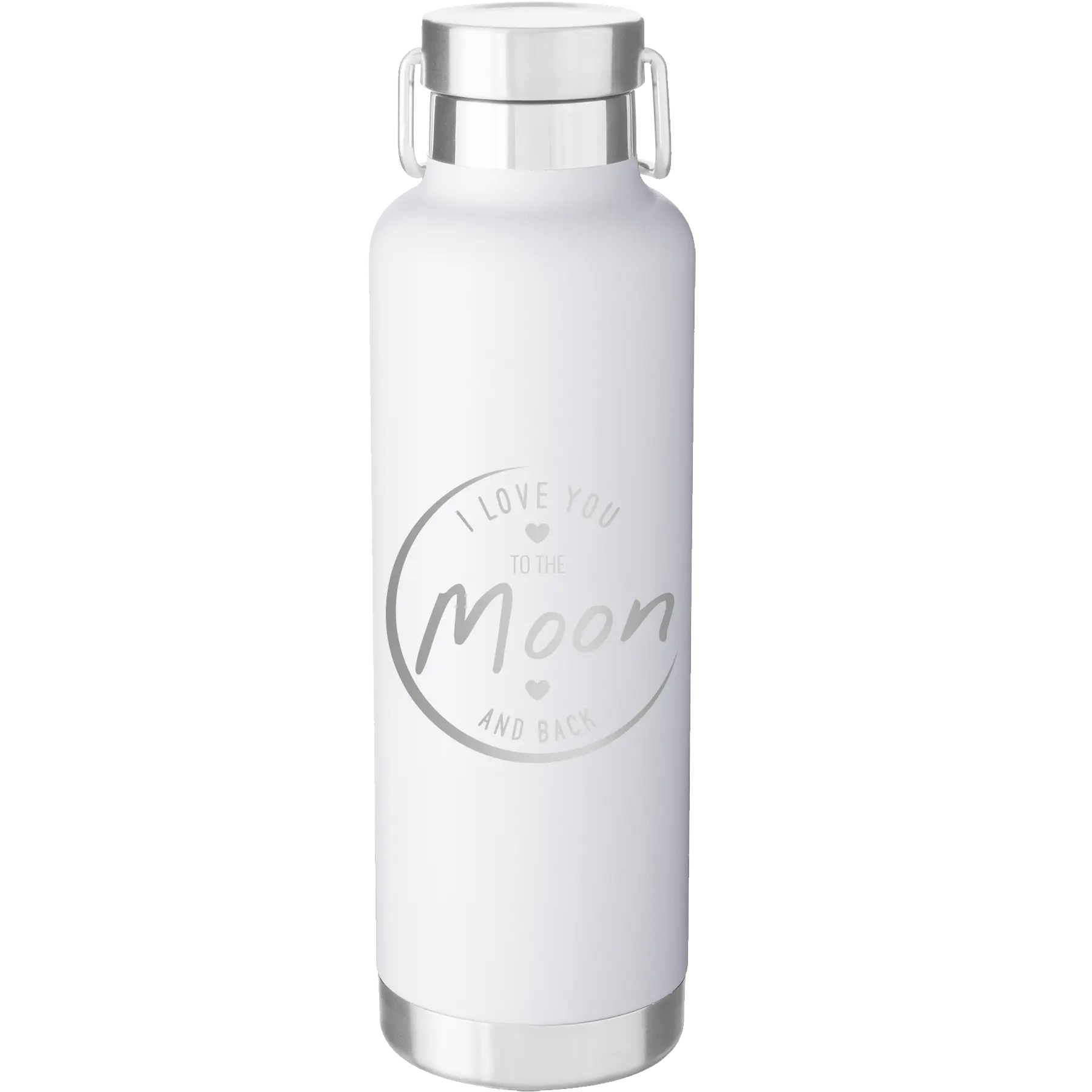 Laser etched white 24 oz vacuum insulated water bottle with 'Love You to the Moon and Back' design