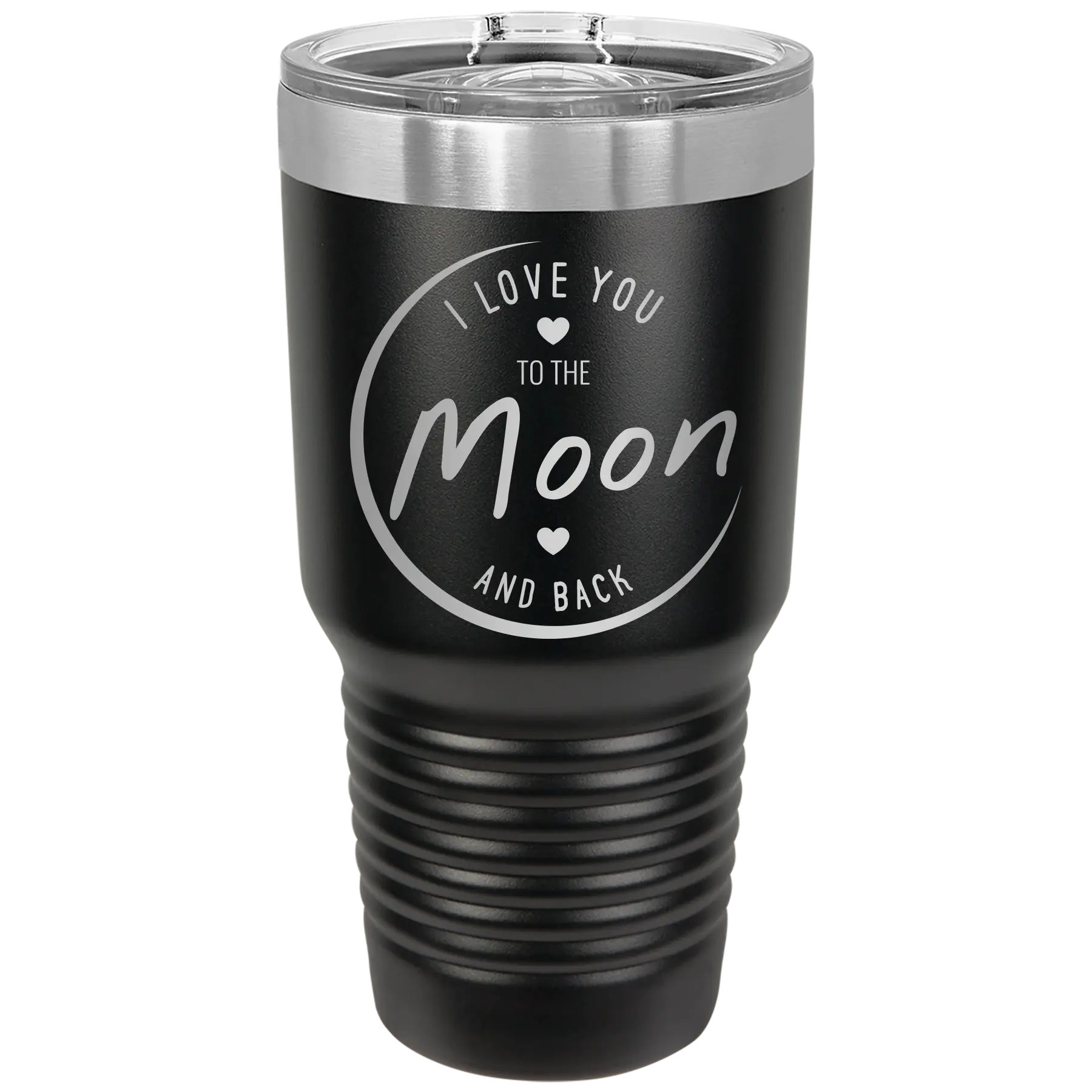 Laser etched black 30 oz vacuum insulated tumbler with 'Love You to the Moon and Back' design