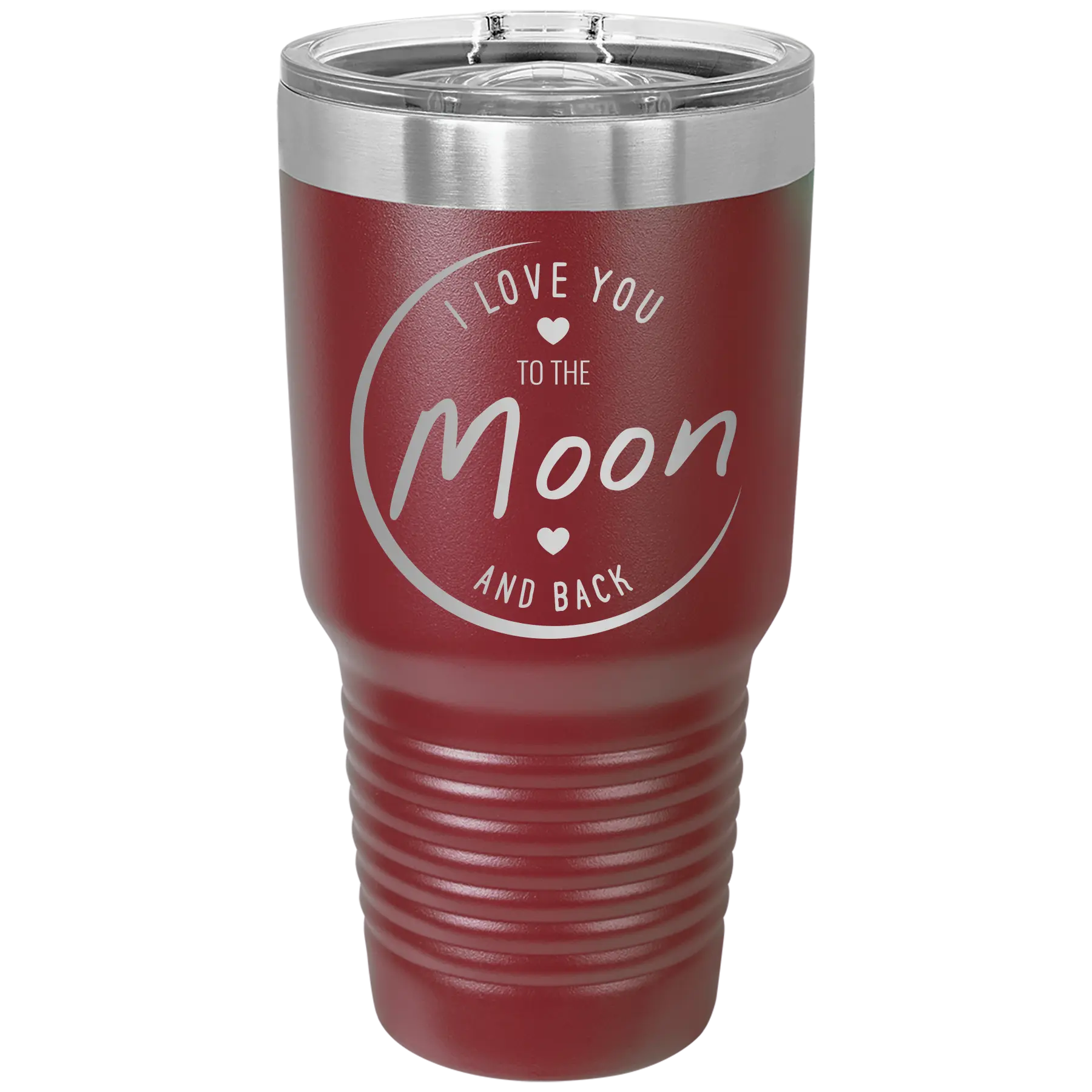 Laser etched maroon 30 oz vacuum insulated tumbler with 'Love You to the Moon and Back' design