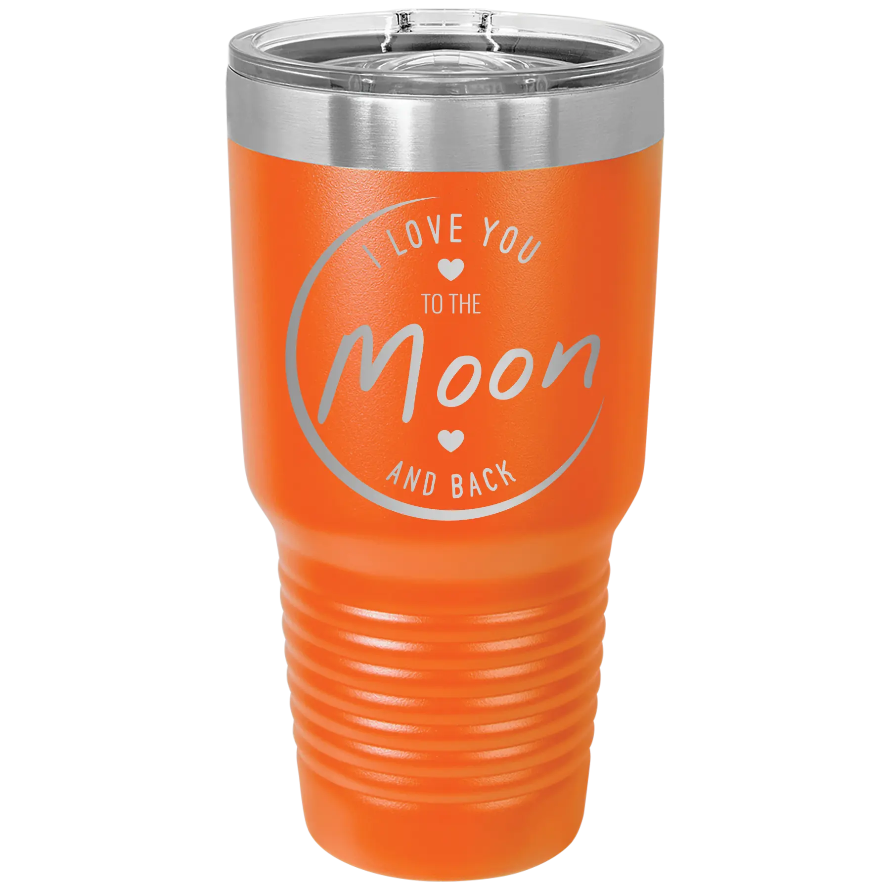 Laser etched orange 30 oz vacuum insulated tumbler with 'Love You to the Moon and Back' design